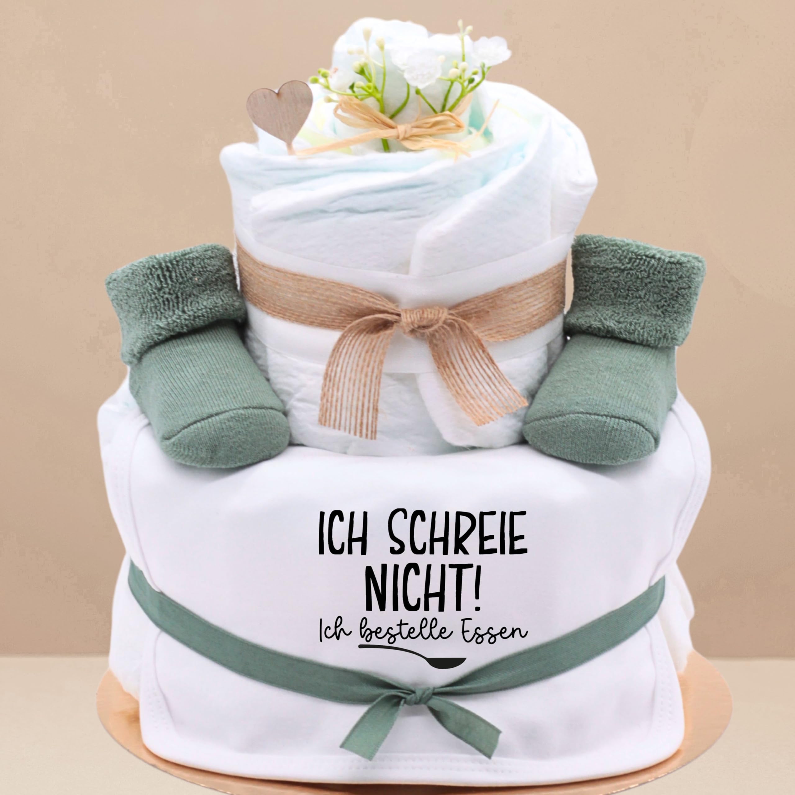 Trend Mama | Windeltorte | Nature Design green | Spruch wählbar | Lätzchen, Kuschelsocken |Geschenk Geburt (Design Ich schreie nicht, ich bestelle Essen)