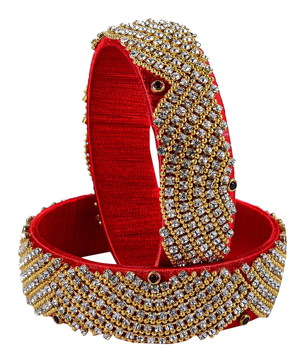 IJYA Sihan Handicrafts Zircon Work Silk Thread Bangle Kada For Women Girls 2 PC Set Wedding & Festive Occasion Red Color