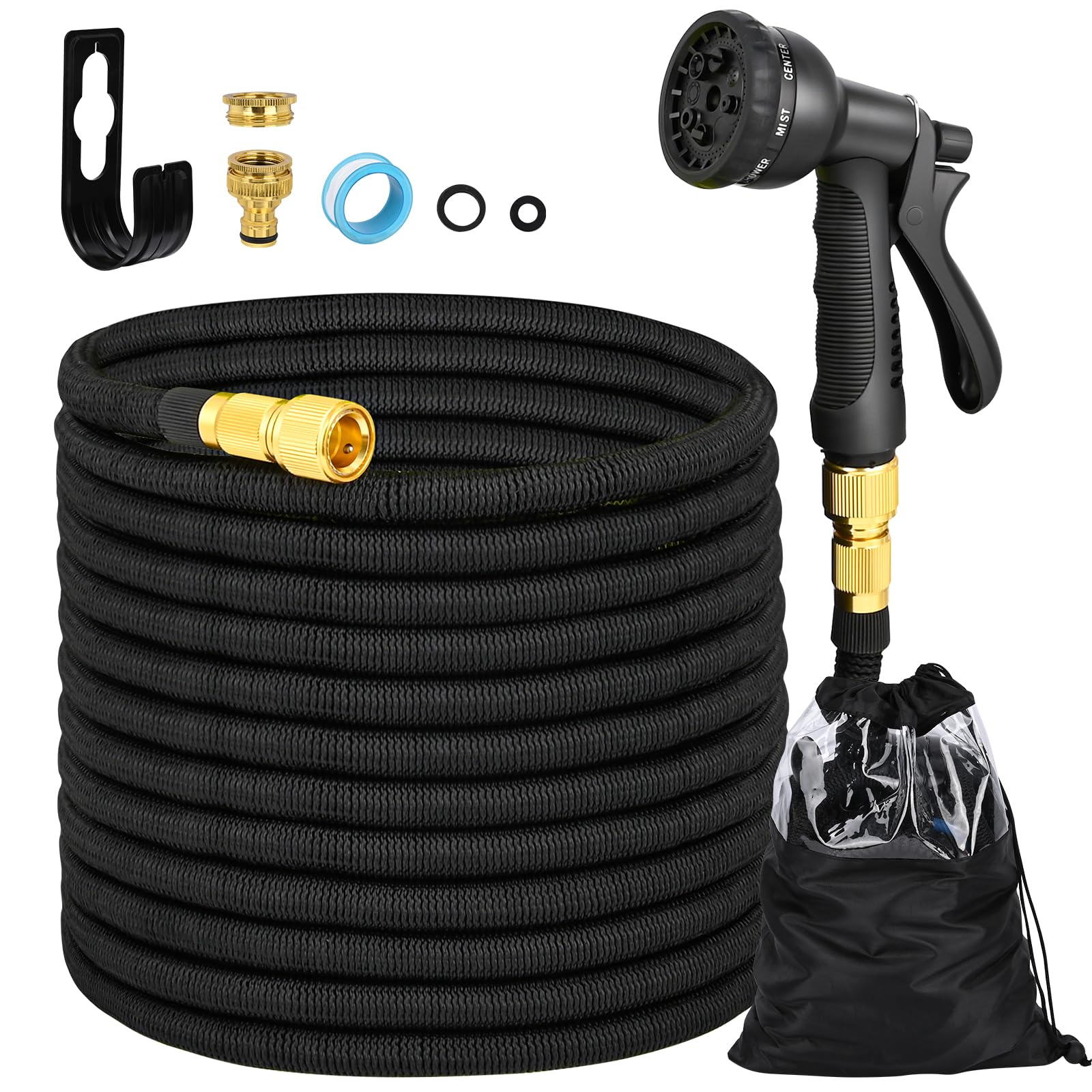 Tuyau d'Arrosage Extensible 30m avec 8 Modèles de Pulvérisation Convient aux Robinets de 1/2" et 3/4" Raccords en Métal Durables pour Nettoyage du Jardin, Laver la Voiture, Arroser (Noir)