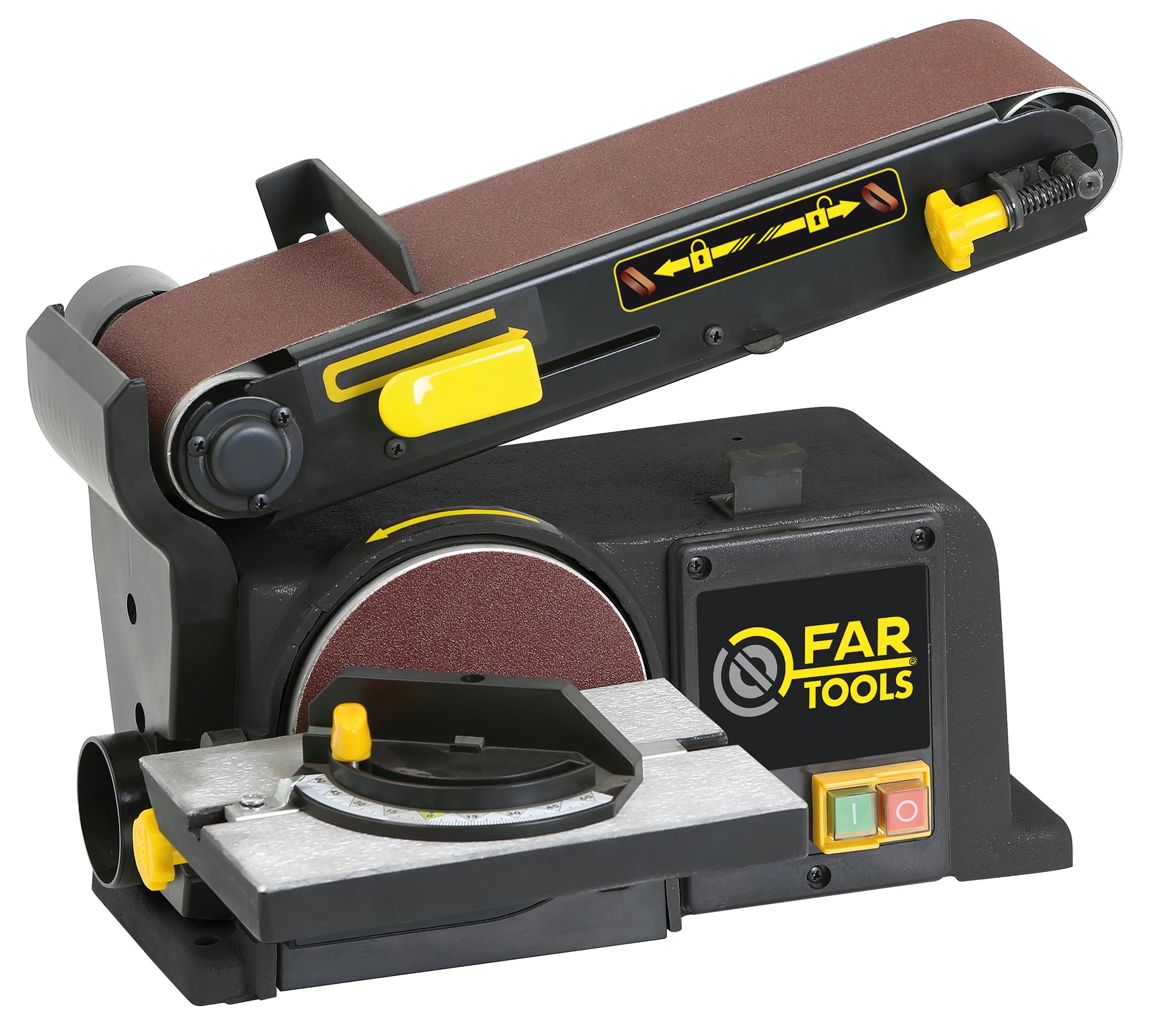 Fartools Combiné ponceur 370W, bande de 100x915mm avec bras inclinable à 90°, disque Ø150mm, table adaptable 225x125mm et 45°, corps en fonte