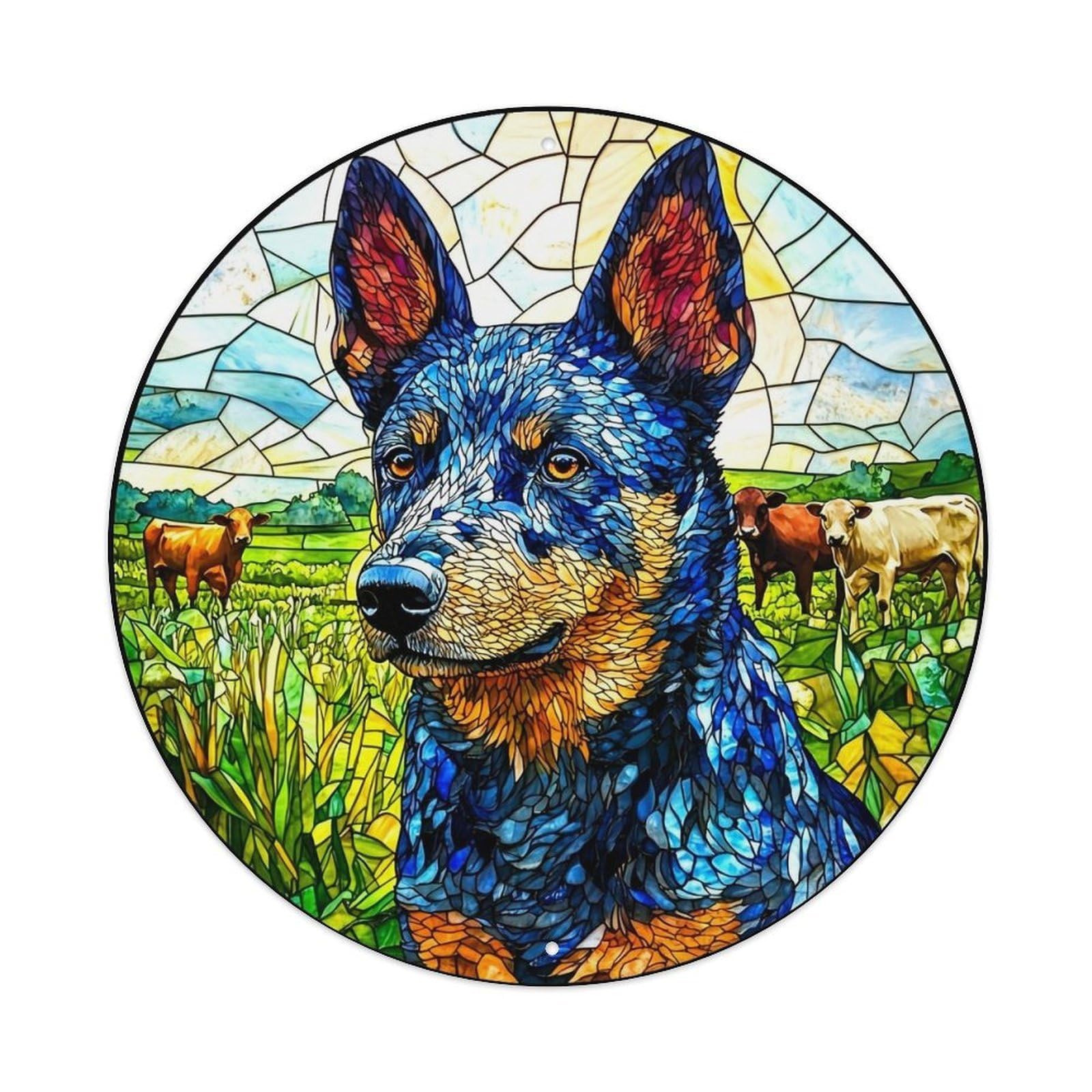 Stained Glass Dog Portrait Field Cows Round Tin Sign Vintage Metal Sign Home Bar Garden Indoor & Outdoor Wall Decor Retro Metal Poster 8x8 Inch