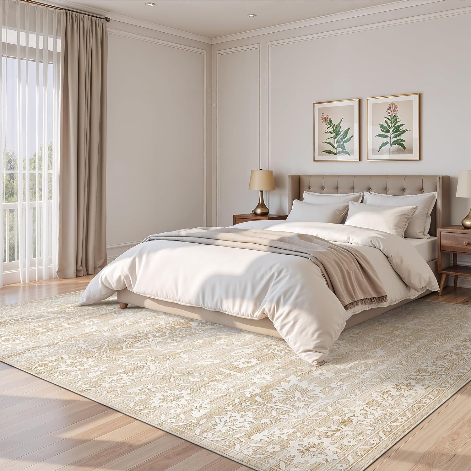 9x12 Washable Area Rugs for Living Room, Vintage Floral Non-Slip Low Pile Natural Rug Soft Throw Large Carpet for Dining Room Bedroom Farmhouse Home Office (Beige, 9'x12') - Image 4