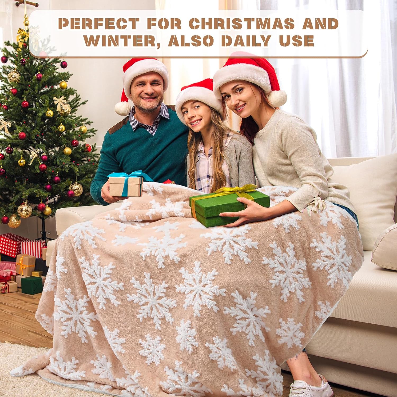 Boao Winter Throw Blanket 50" x 60" Khaki Snowflake Sherpa Fleece Flannel Plush Microfiber Large Soft Reversible Blanket for Winter Bed Sofa Car Holiday - Image 5