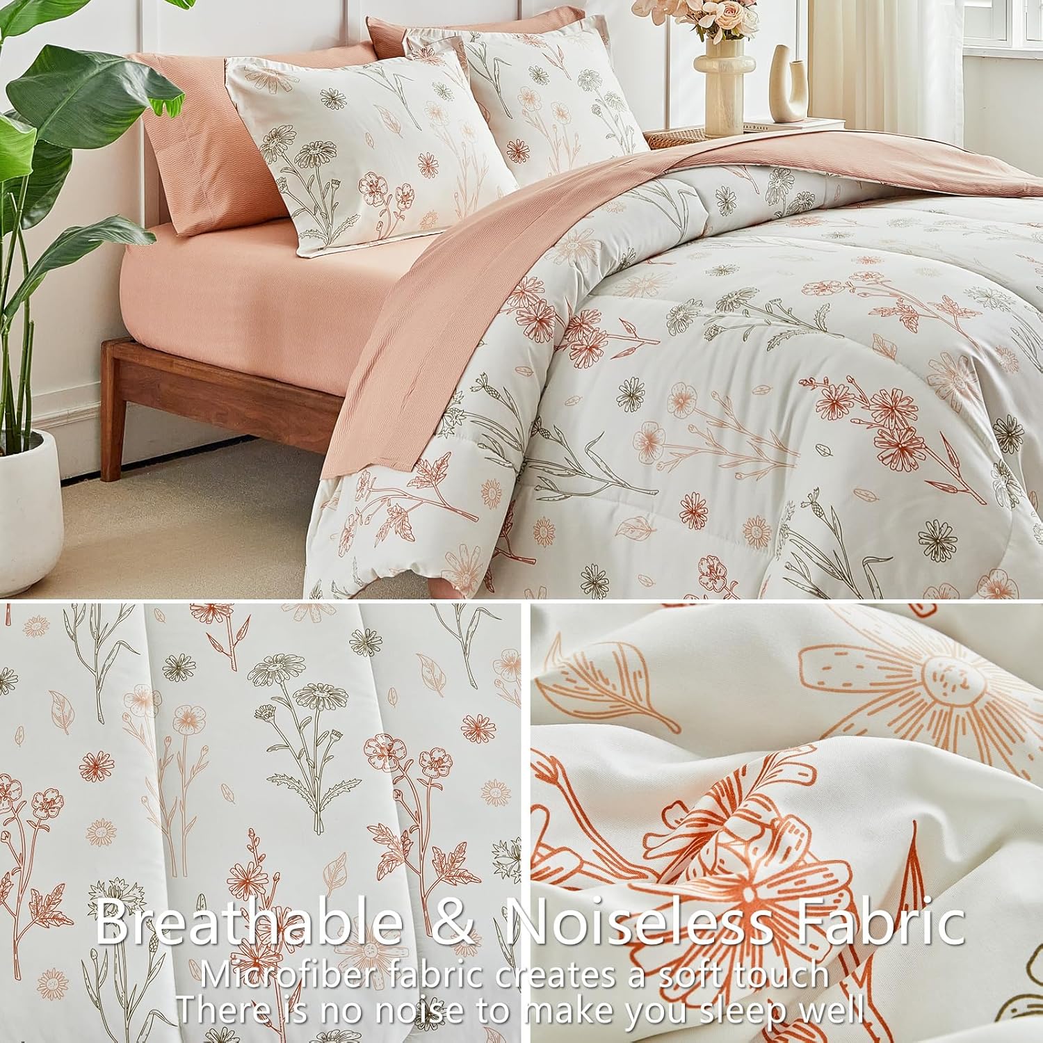 AIKASY Bed in a Bag 7 Pieces - Floral Print - Soft Microfiber, Reversible Bed Comforter Set (1 Comforter, 2 Pillow Shams, 1 Flat Sheet, 1 Fitted Sheet, 2 Pillowcases) (Sea Green, Queen)