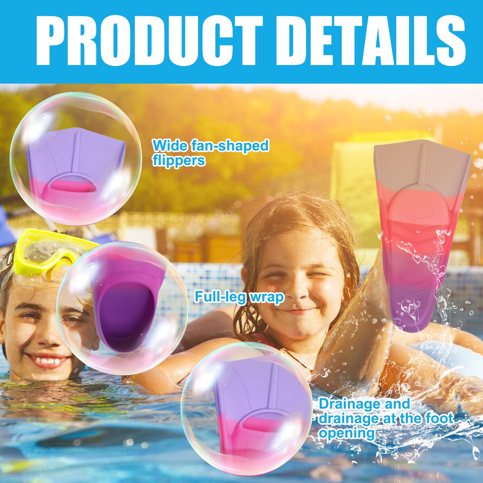 Pinne da nuoto per bambini XXS [30 – 32], 100% silicone, pinne corte, pinne per bambini per allenamento e lap arcobaleno pinne nuoto per bambini carine corte in silicone