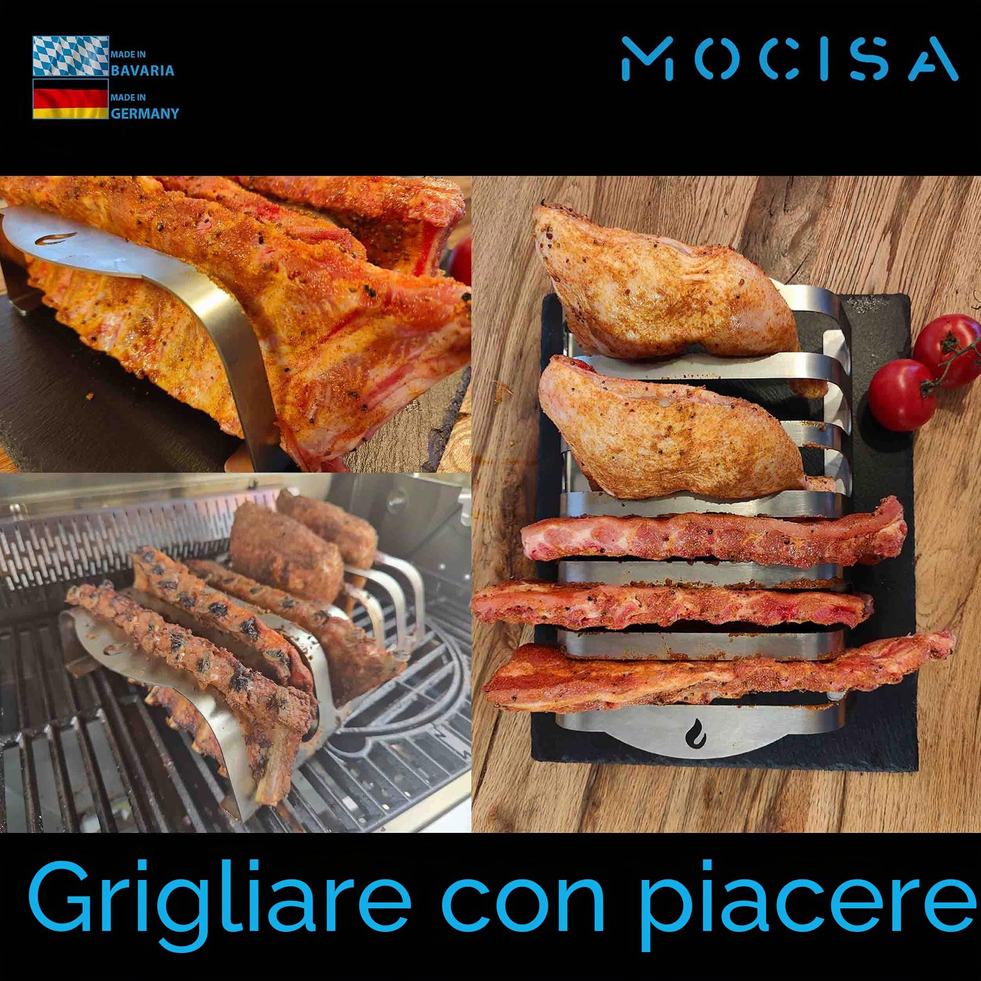 Rib-Rack | Supporto a coste con manici, strumento professionale per grigliare a coste | in acciaio inox | per alimenti | prodotto in Baviera | per snack succosi e deliziosi