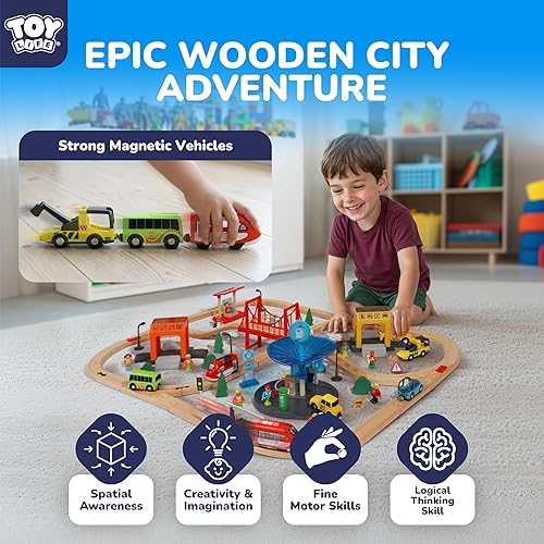 Miniatura 2 de TOY Life Juego de tren de madera para niños pequeños de 2 a 4 años, 119 juguetes de tren urbano con pista de tren de madera, juego de tren eléctrico