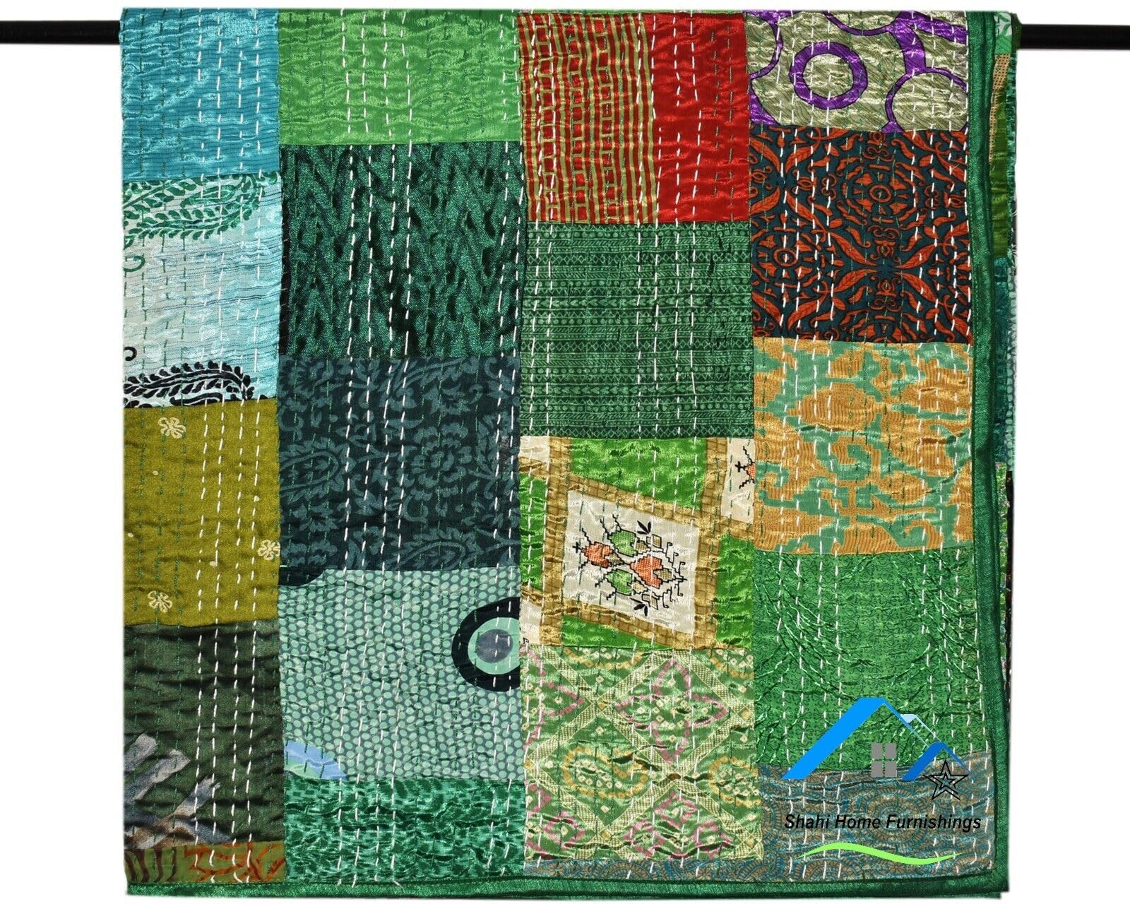 Silk Patchwork Kantha Quilt, Handmade Bedspread, Bohemian Throw Blanket, Bed Cover, Hand Stitched Bedsheet (Green, Double Size 90x108 Inc)-picture-26