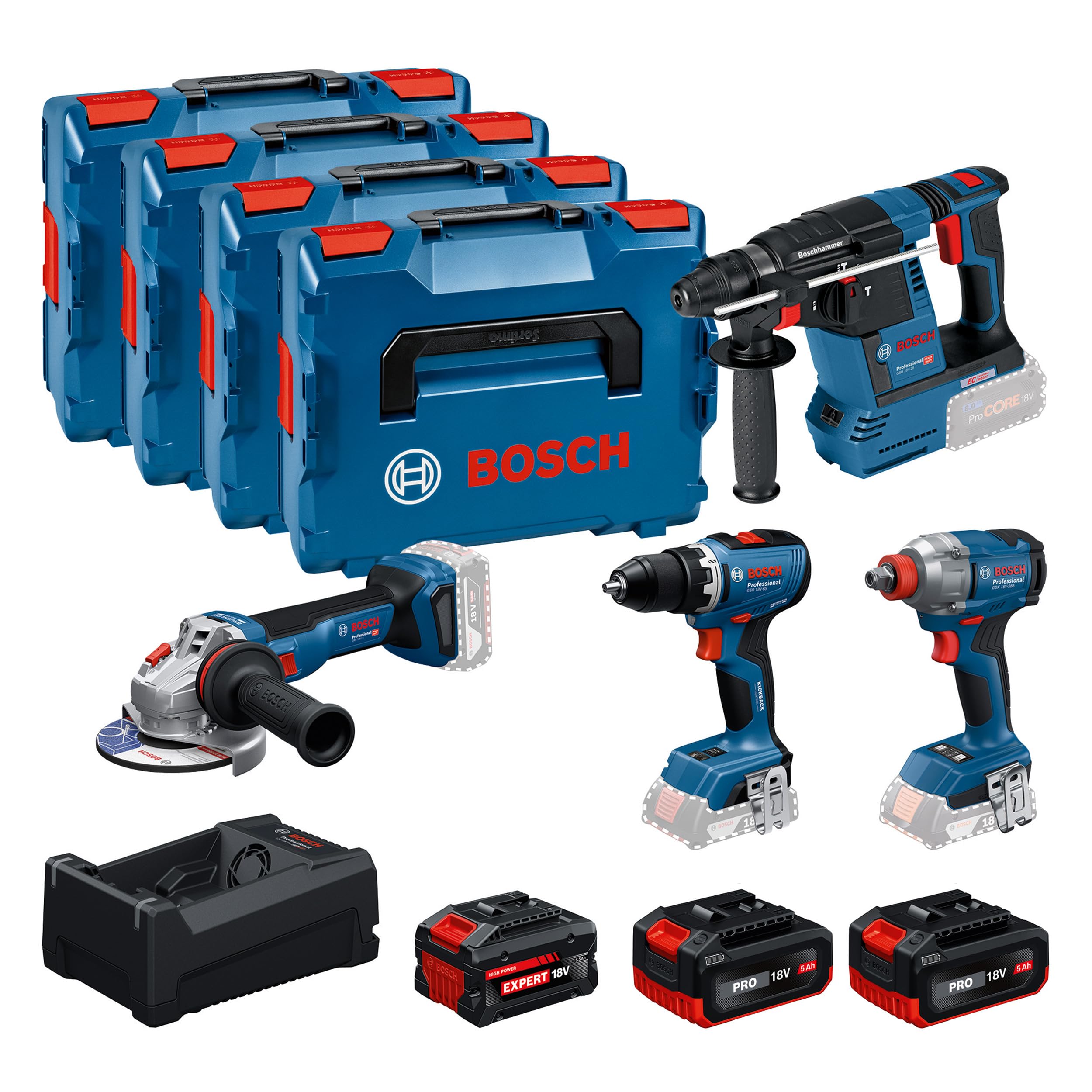 Bosch GSR 18V-65 GDX 18V-285 GBH 18V-26 GWS 18V-11 Kit combiné 18V 5.0Ah 5.5Ah L-BOXX 136