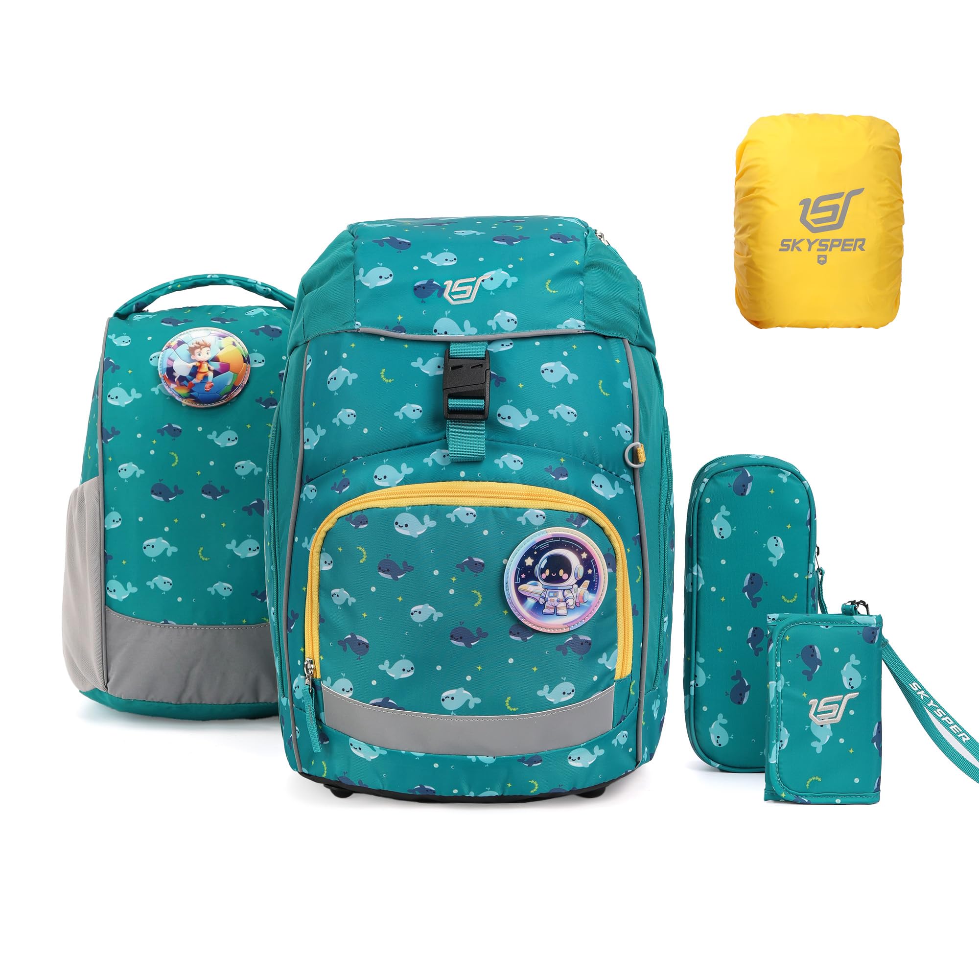 SKYSPER Schulranzen-Set 5-teilig, Schulrucksack Ergonomischer Tragesystem | Schulranzen mit Regenhülle, 360 Grad Reflexstreifen, für Mädchen Jungen Kinder 1. klasse Outdoor Aktivitäten