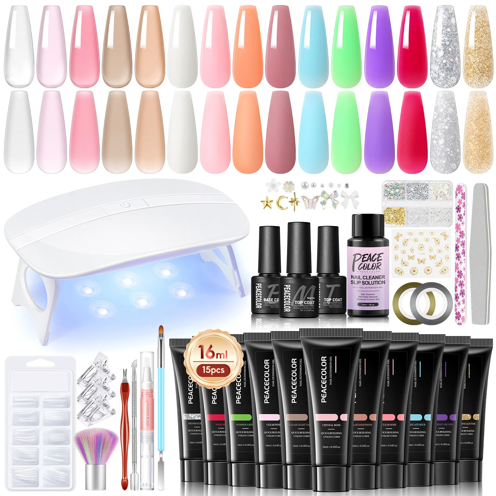 PEACECOLOR Kit Unghie Gel Completo 15 Colore 16ml Kit Ricostruzione Unghie Gel con Lampada UV, Base Top e Matt Coat e Strumenti per Unghie, per Fai Da Te a Casa