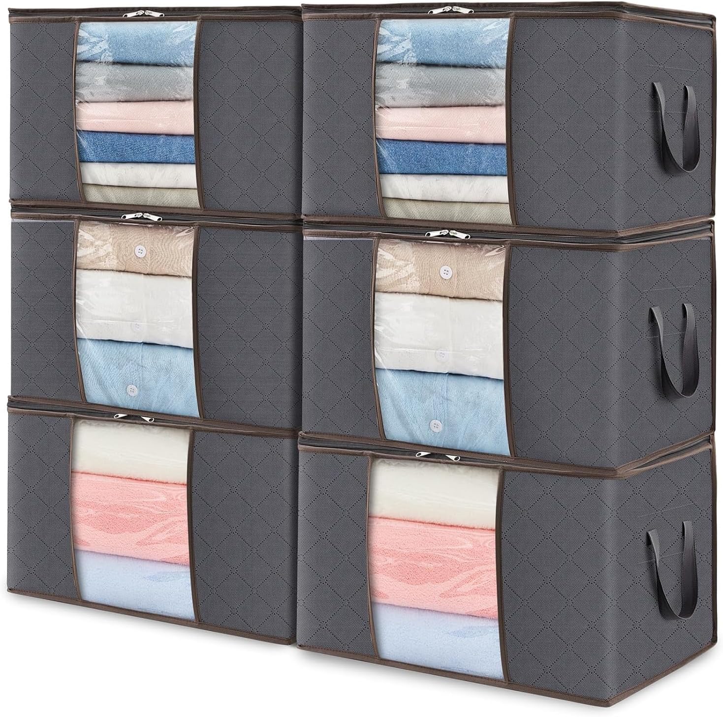 6 Packs Clothes Storage Bag, Storage Bins for Clothes, Blankets, Comforters, Foldable Clothing Storage with Reinforced Handle, Sturdy Zipper, Closet Organizer With Clear Window, Medium, Grey