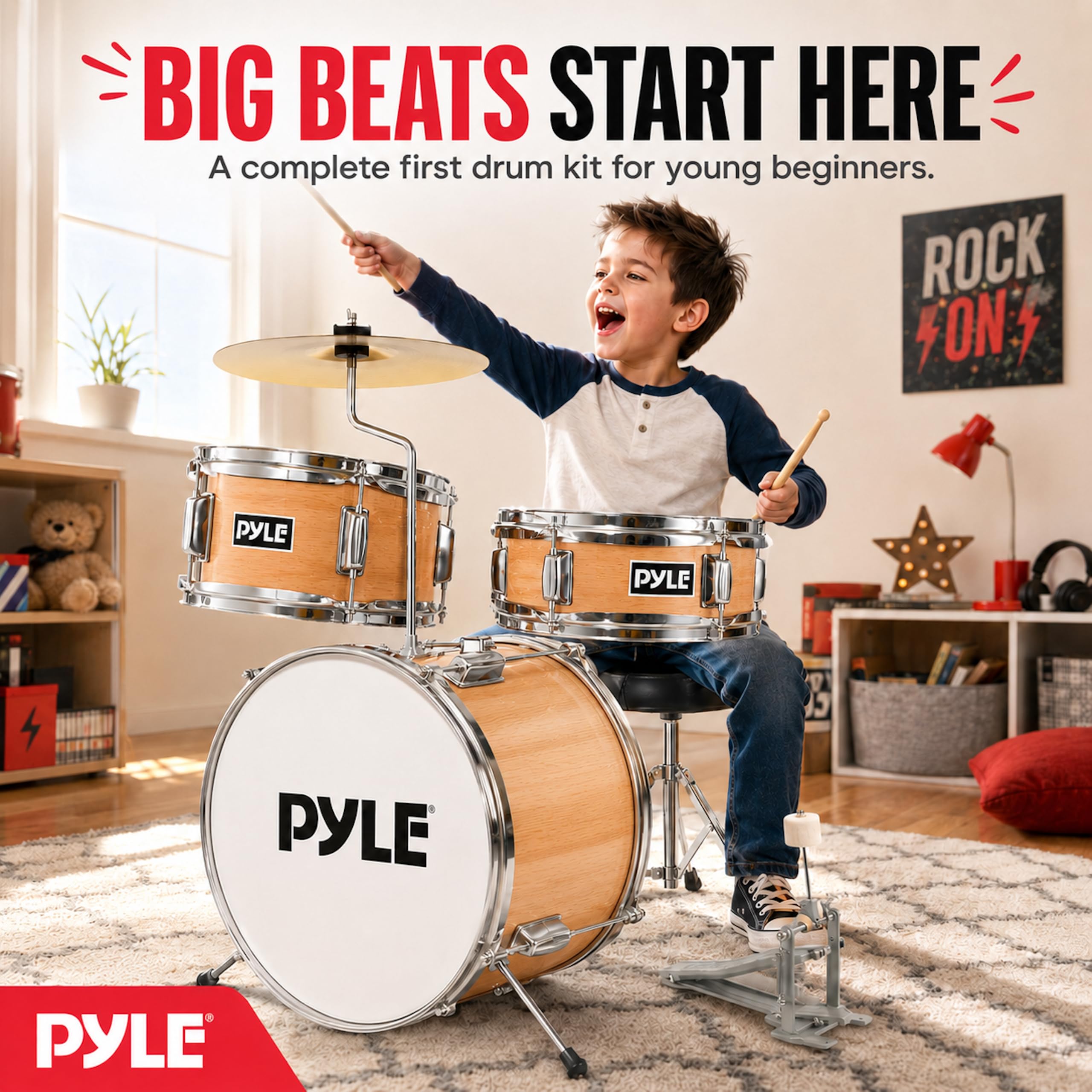 Pyle Set de Batterie Enfant – Kit de Batterie Musique Junior Débutant 3 Pièces avec Grosse Caisse de 33 cm, Caisse Claire, Tom, Cymbale, Siège Réglable, Sourdines, Baguettes, Naturel