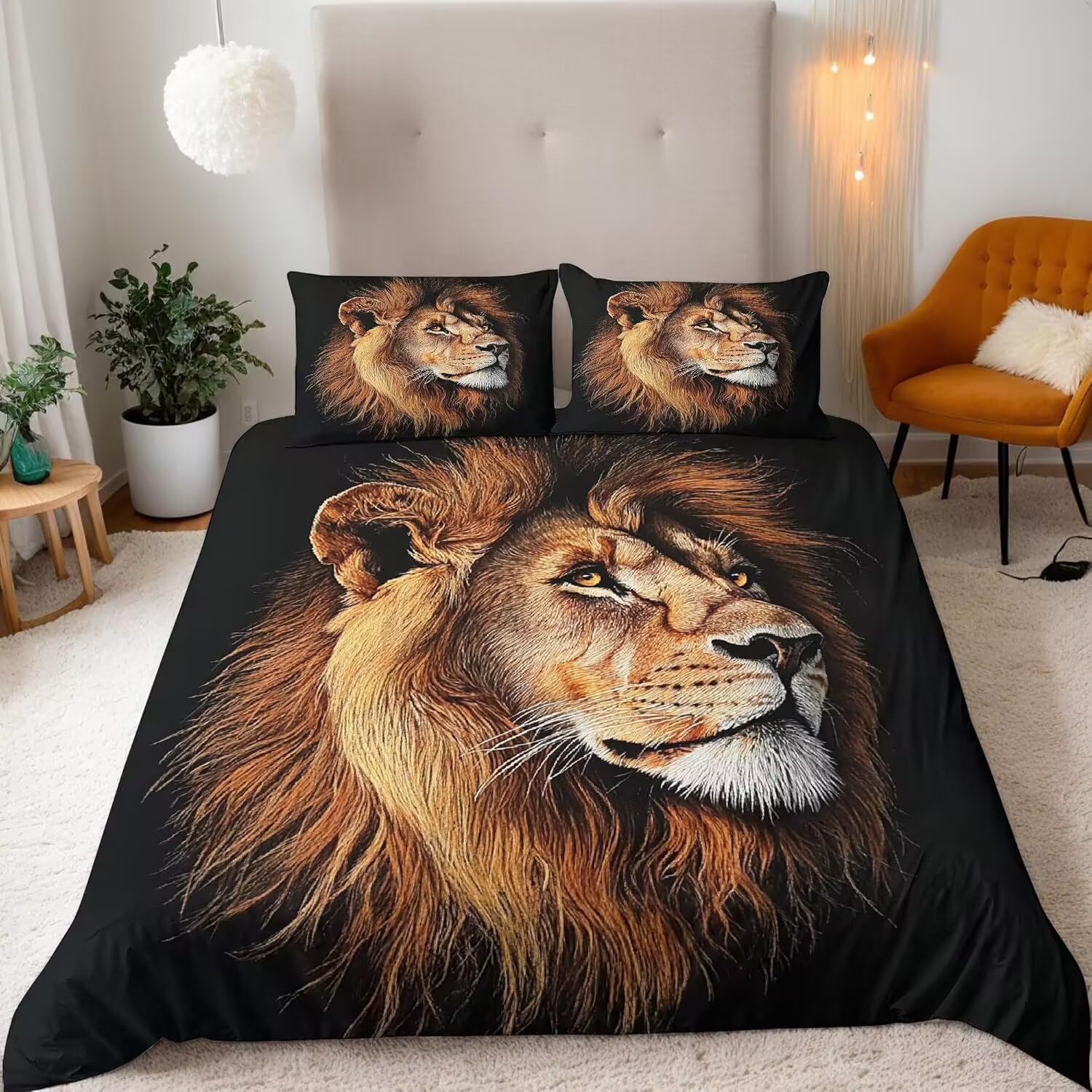 Housse de couette 140x200 lion anti-glissement avec fermeture éclair pour lit d'adolescent