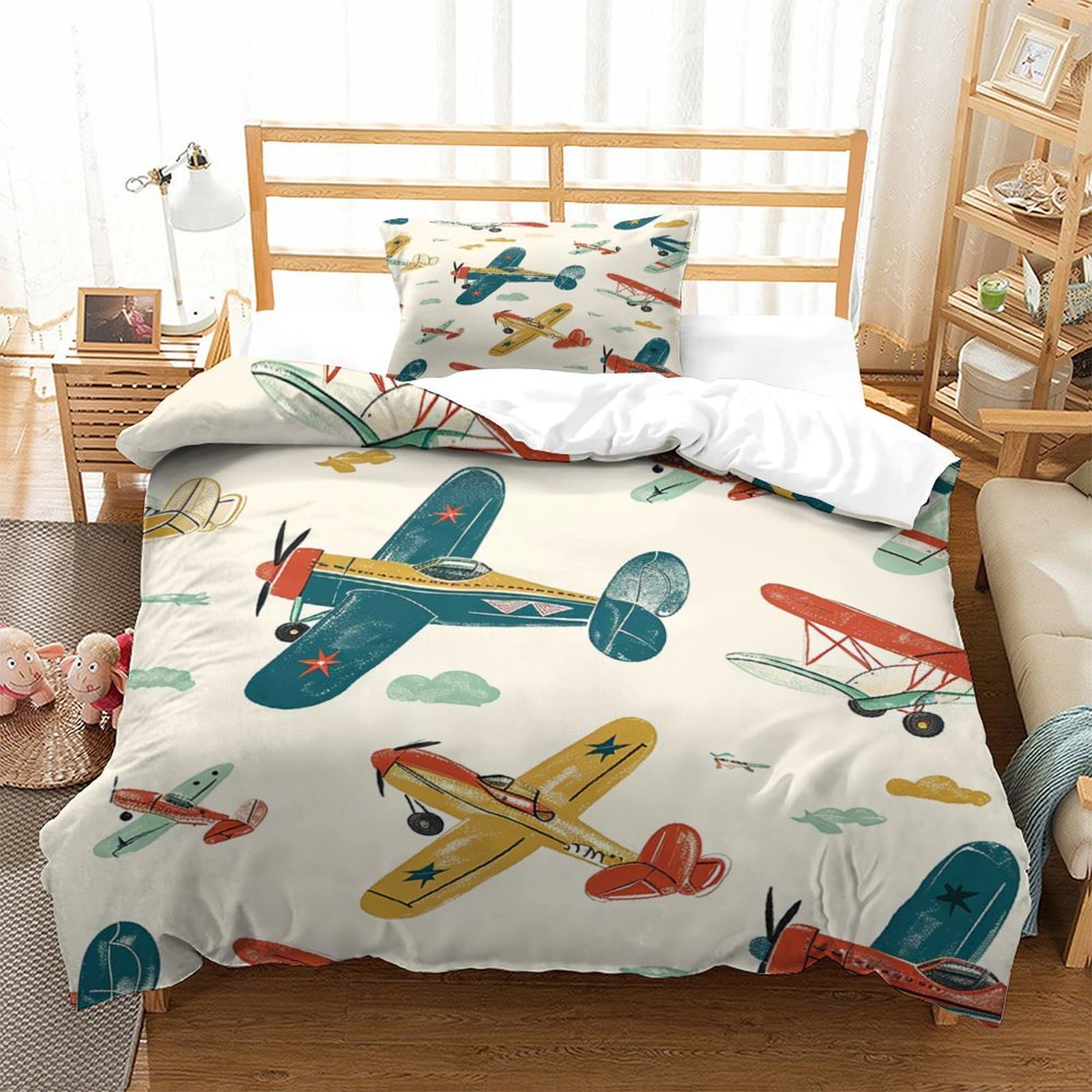 P1S9U7W5Y 3D Printed Vintage Airplane Duvet Cover Set 3pcs Microfiber Aviation Bedding Set Single（135x200cm）