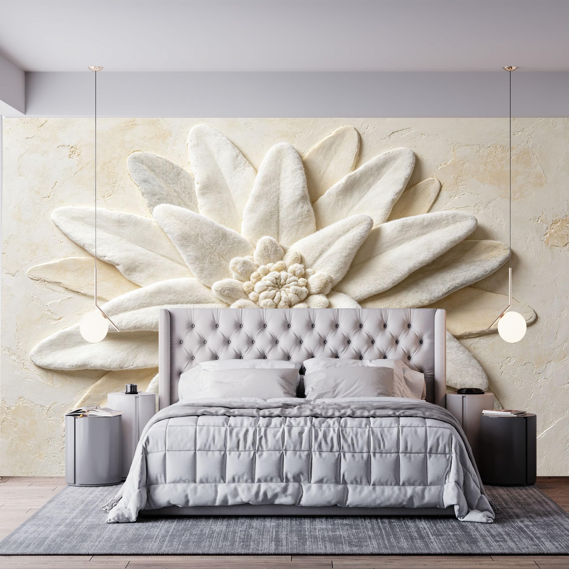 Ponadwymiarowy efekt 3D kwiat fototapeta nowoczesna elegancka warstwowa tapeta z włókniny 200 x 140 cm kremowa biel rzeźbiarski botaniczny kwiat pokrycie ścienne do sypialni salonu dekoracja ścian