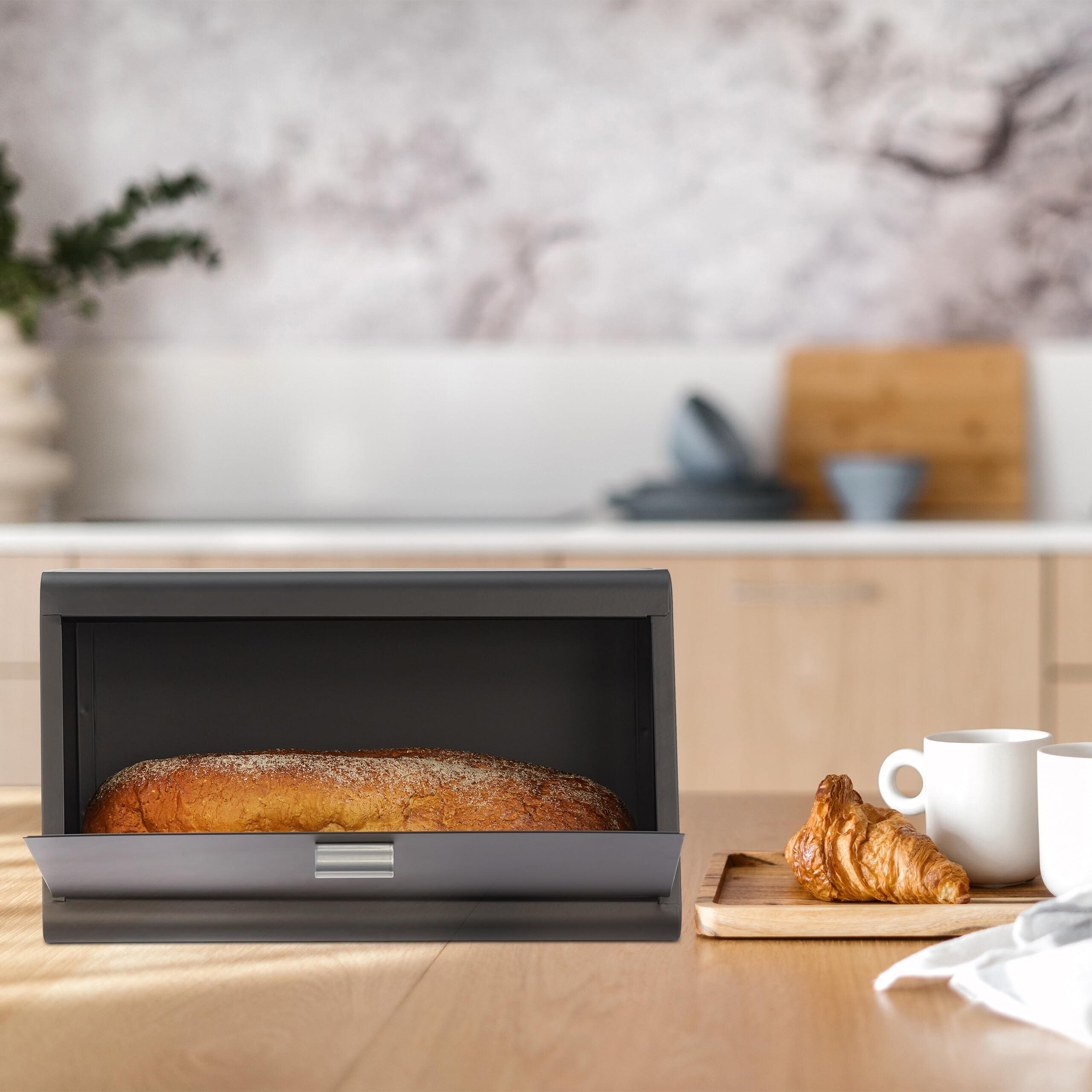 Relaxdays Panera de Acero Inoxidable, Caja de Almacenamiento de Pan, 20,5x34,5x23,5 cm, Guardar Bollería, Metal, Negro