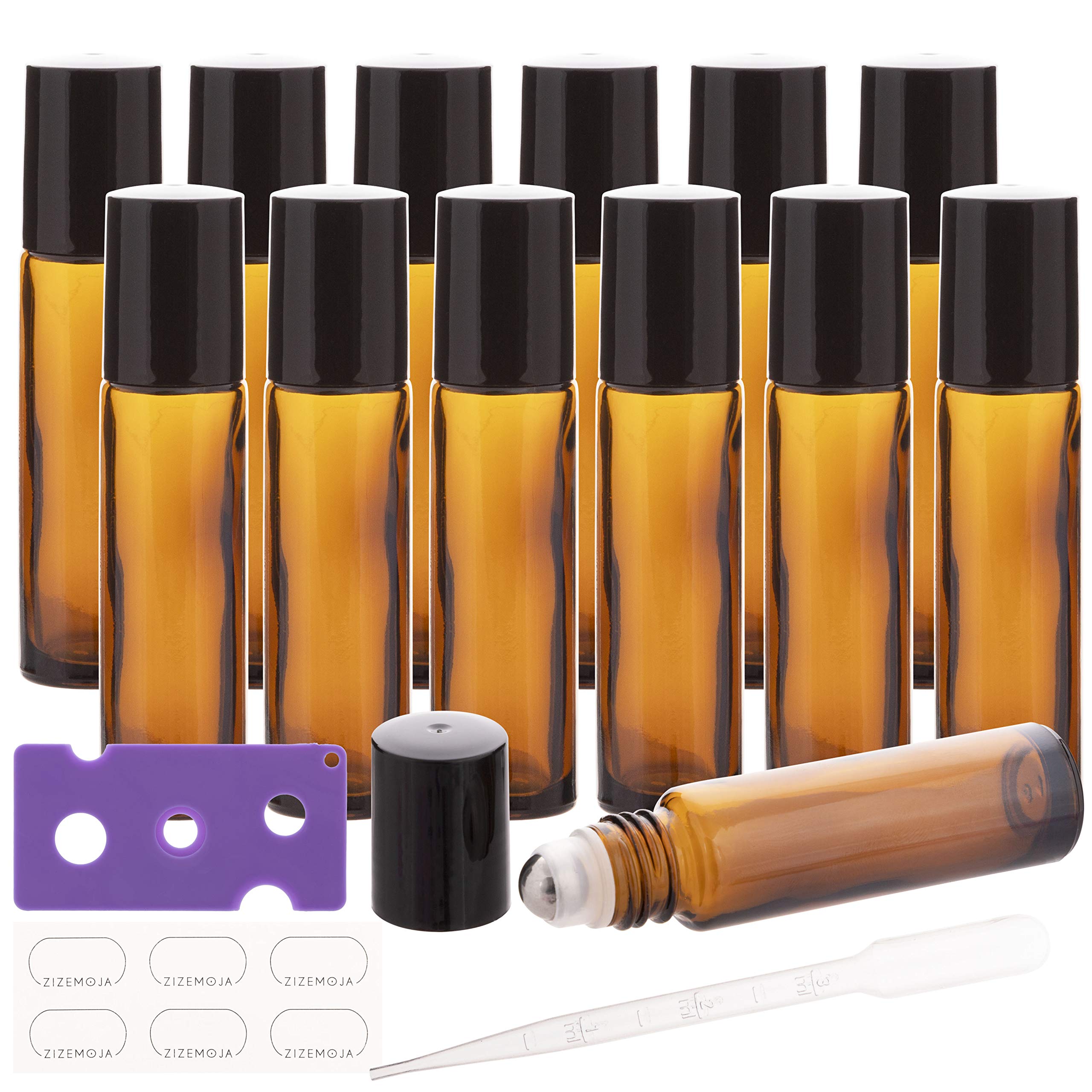 12 butelek na olejki eteryczne o pojemności 10 ml, z kulkami ze stali nierdzewnej, 10 ml bursztynowe szklane butelki na olejki eteryczne, 1 dodatkowa kulka rolkowa, 12 etykiet, 1 otwieracz, 2