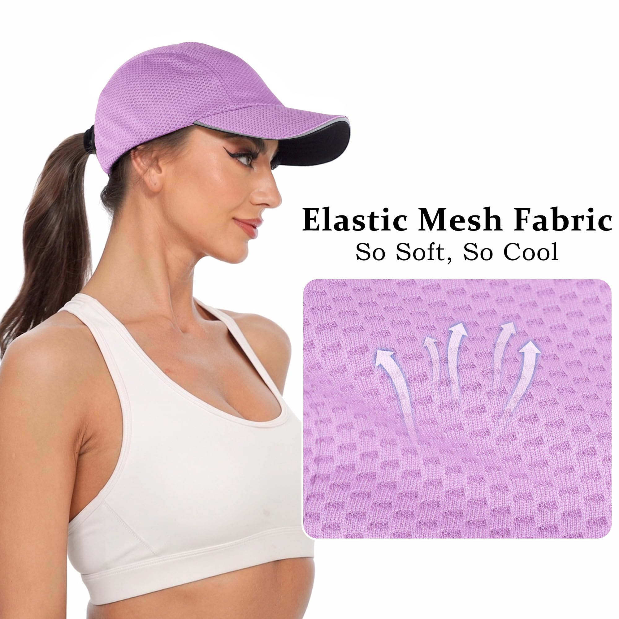 GADIEMKENSD Women's Race Day Running Hat Performance Mesh Baseball Cap Ventilation, Lightweight, Reflective Safety Ponytail Hats for Exercise Golf Hiking Beach Workout Gym Light Purple