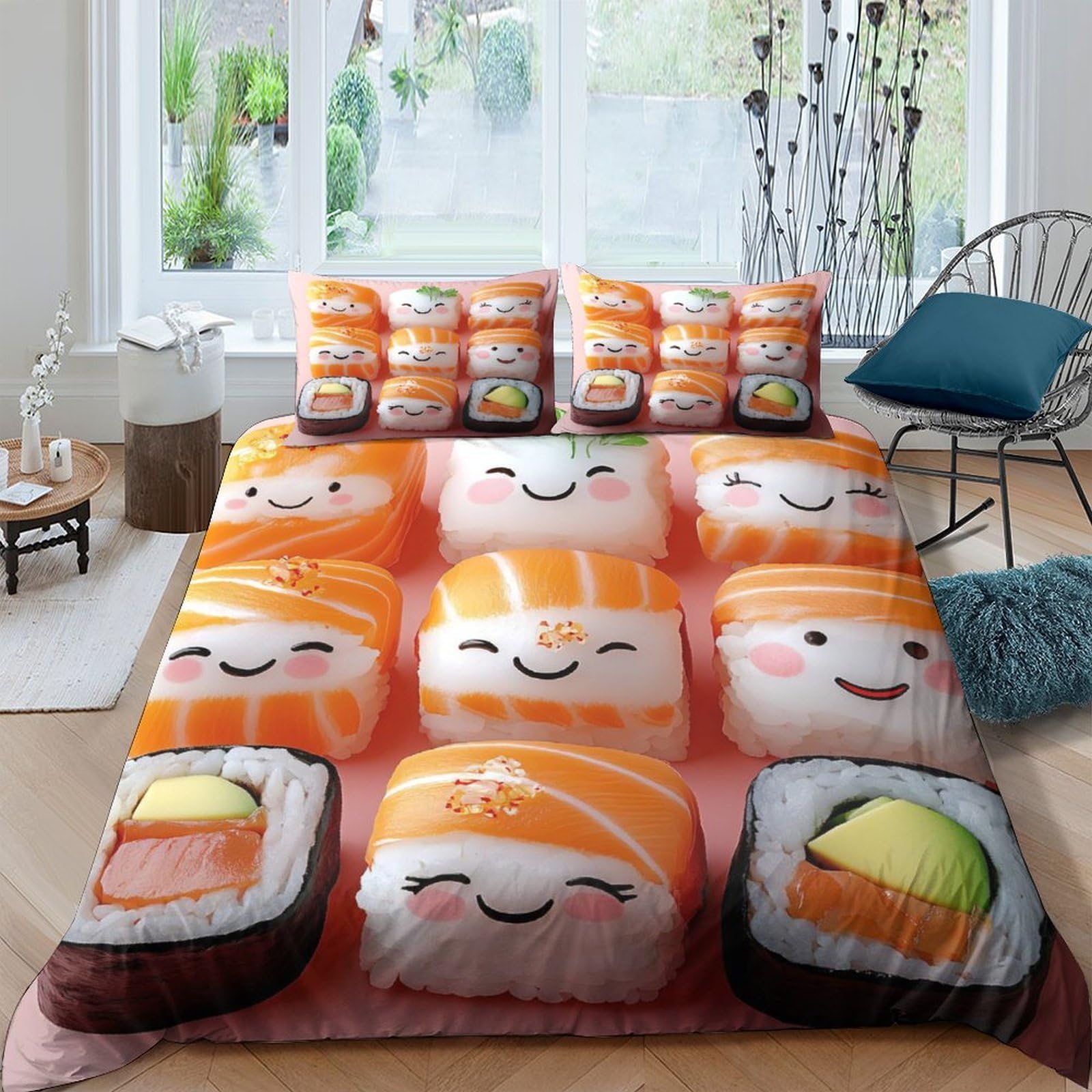 Ctjqhvkz Style-2 3D Printed Sushi Cartoon Fitted Sheet Microfiber Soft Breathable Kawaii Food Bed Cover For Bedroom Dorm Decor Single（135X200cm）