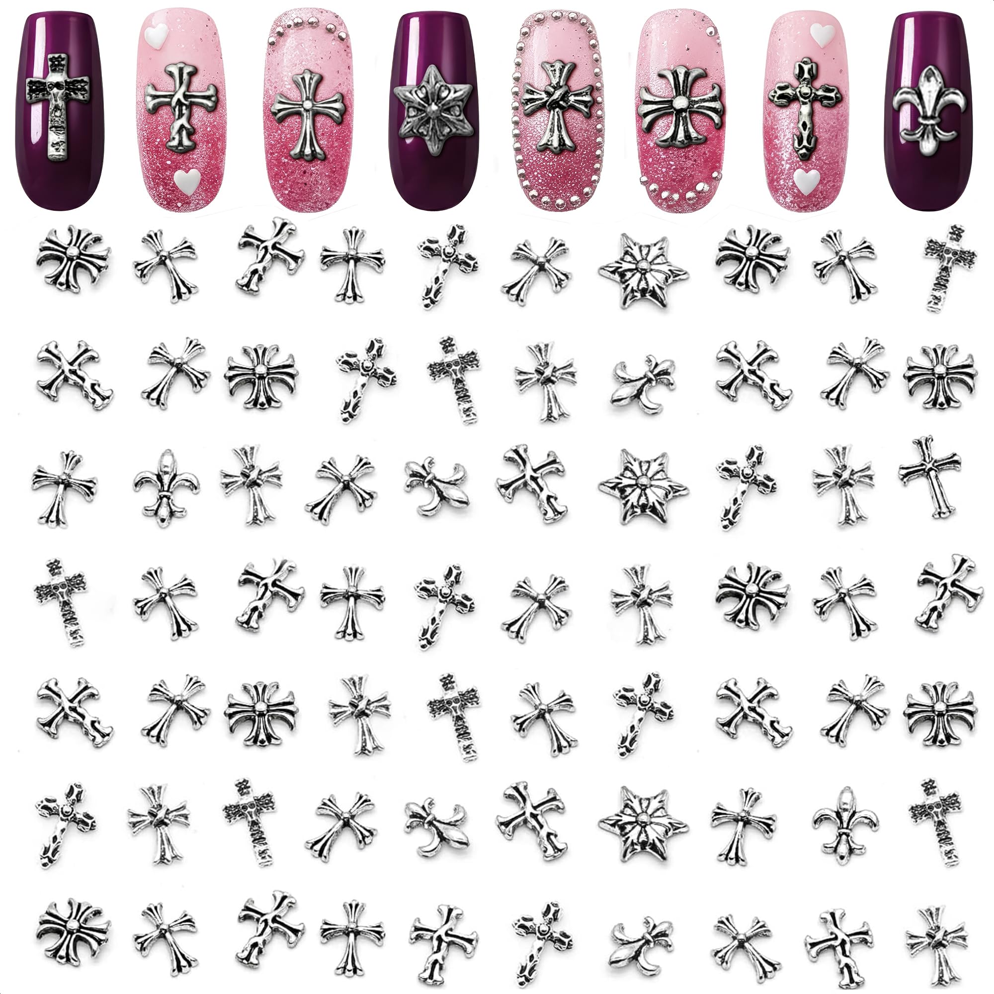 120 Pcs Cross Nail Charms and Gems – 3D Acrylic Silver Cross Charms for Nails for DIY & Professional Manicure – Easy-to-Apply & Durable Nail Decorations, Versatile for Y2K or Daily Manicure Designs