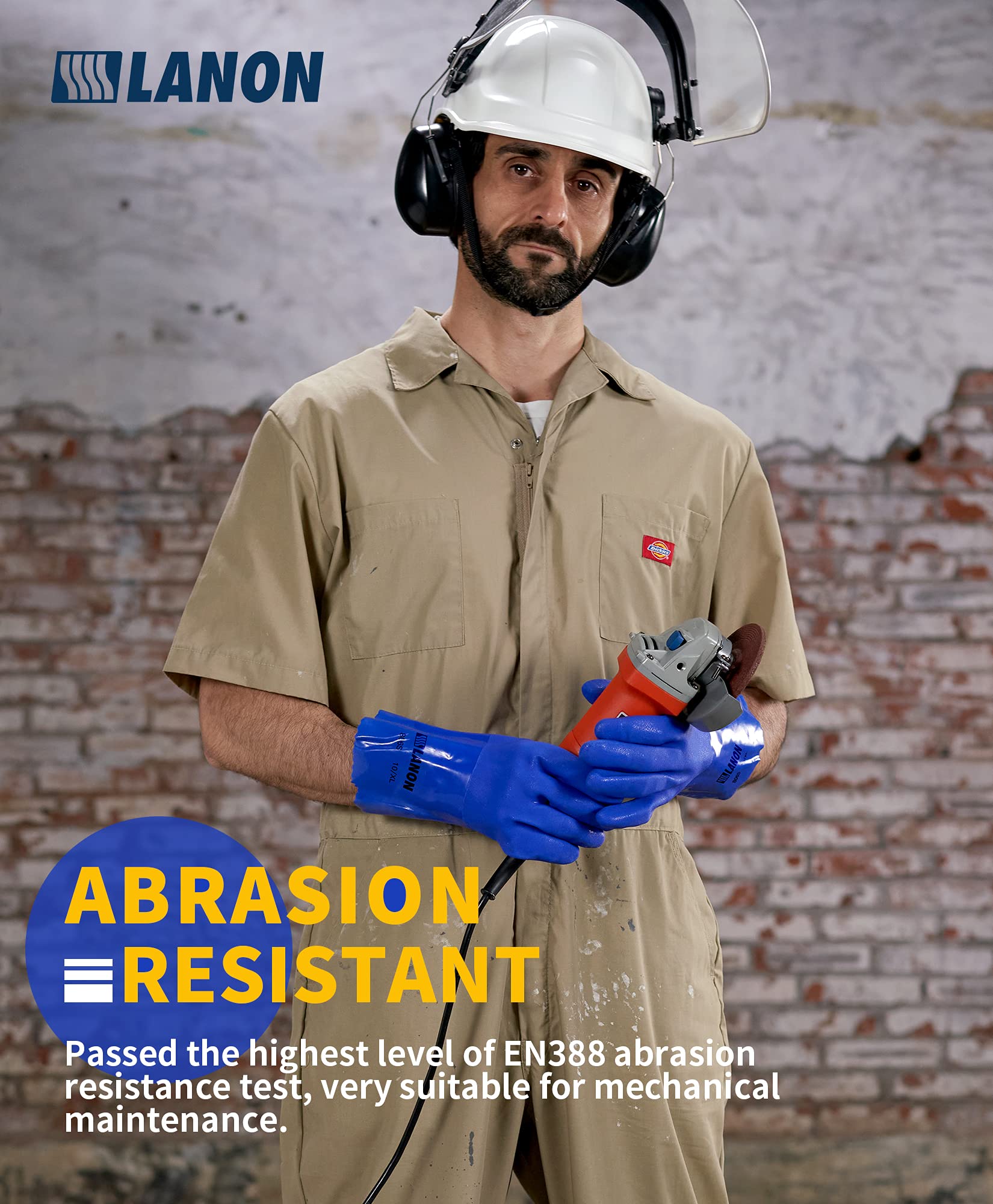 LANON 6 Paia Guanti PVC Resistenti Chimici, Cotone Floccato, Blu, L | Per Lavori Gravosi, Protezione Chimica e Meccanica, Antiscivolo, Confortevoli, Resistenti, Traspiranti, Senza Lattice