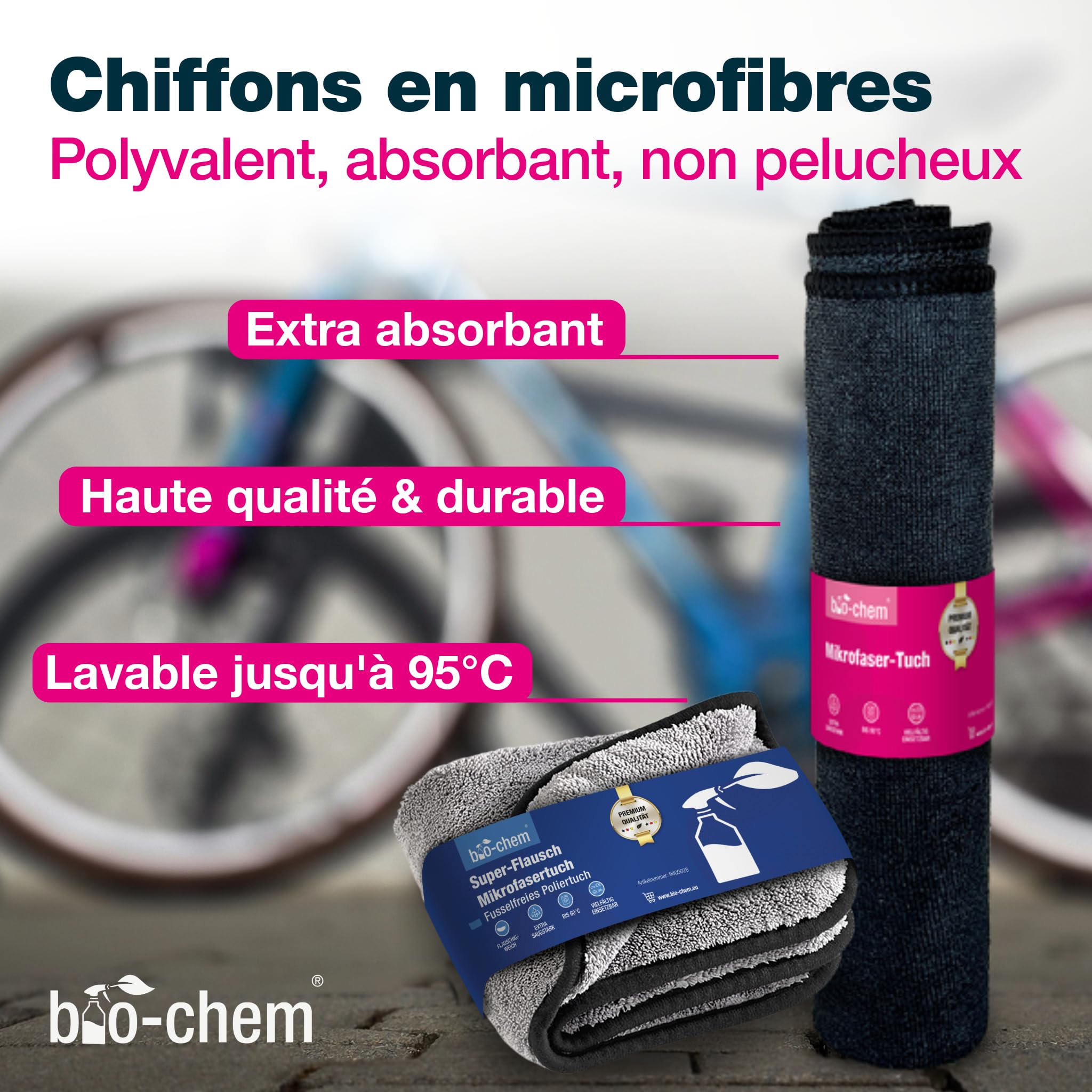 bio-chem Set de 9 accessoires de nettoyage pour vélo, vtt, e-bike | Vaporisateur de mousse, brosses pour chaîne et cadre et chiffon microfibre - Nettoyage et entretien du vélo