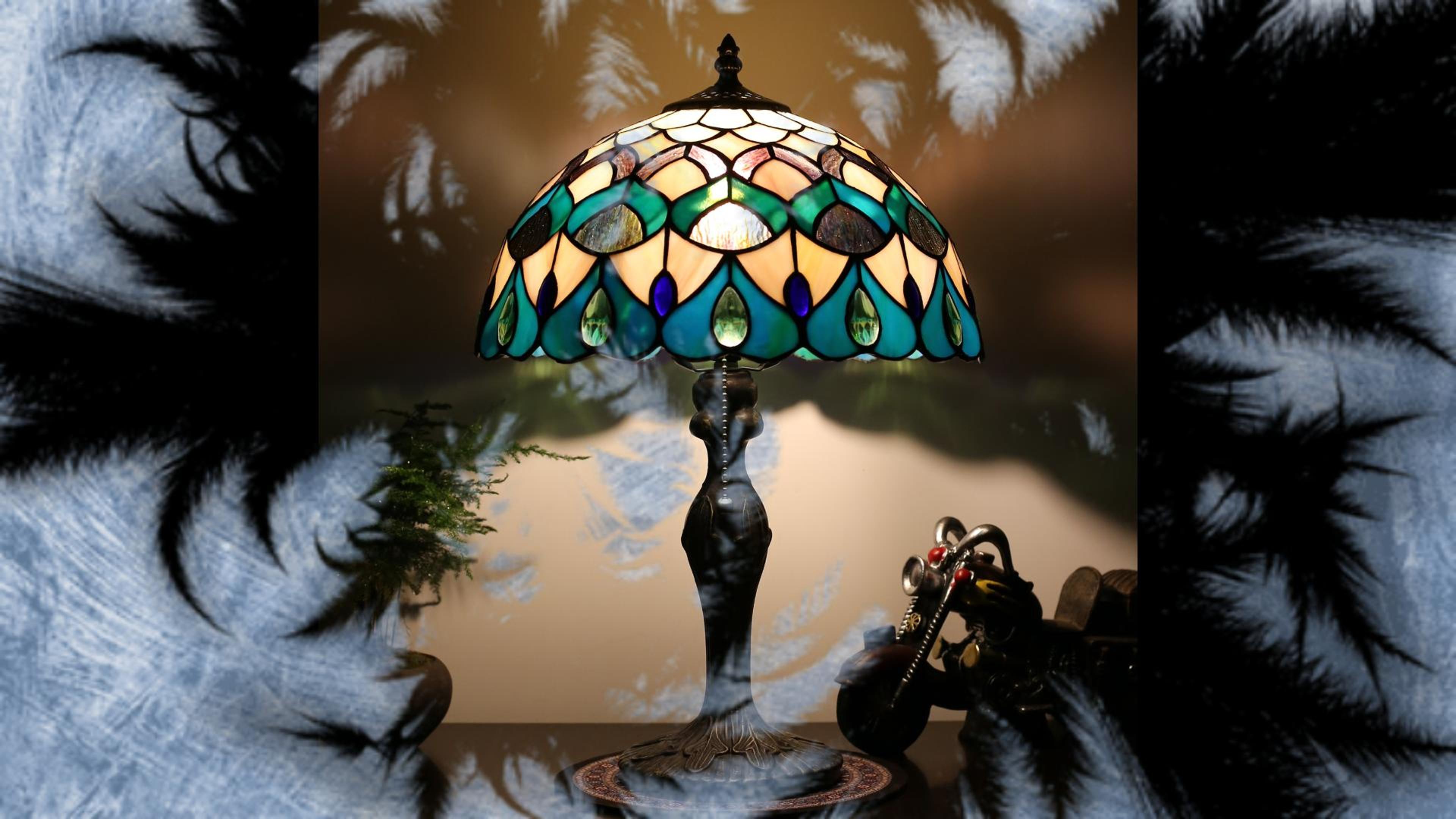 Image of Tiffany Table Lamp 19 inch Stained Glass Reading Lamp Blue Phoenix Style