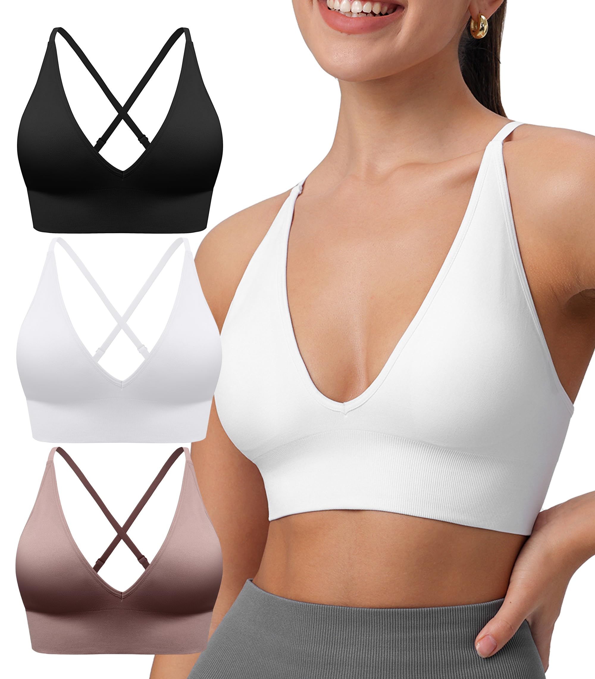 3Pack Womens Deep V-Neck Longline Sports Bra, Strappy Criss Cross Padded Cups Adjustable Spaghetti Straps Workout Yoga Crop Top