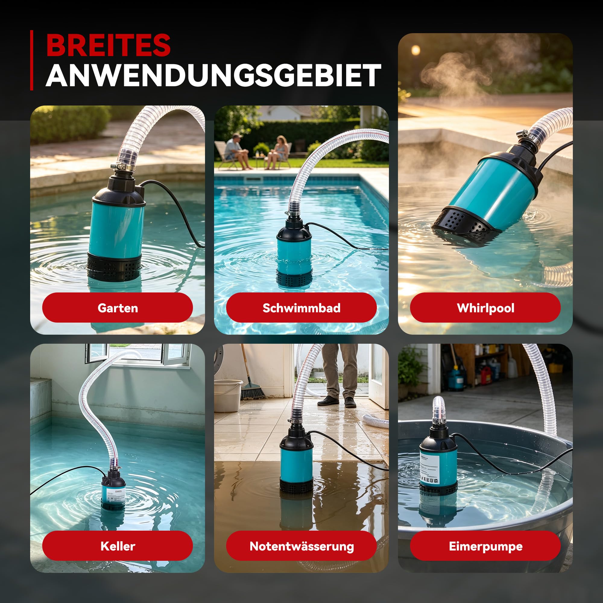ONEVAN 4164L/H Bomba de agua sumergible 2x3.0Ah batería y manguera 2m para | 60 minutos autonomía, vacía una bañera de 1100 litros en 16 minutos, motor sin escobillas, para piscinas, jardines y jacuzzis