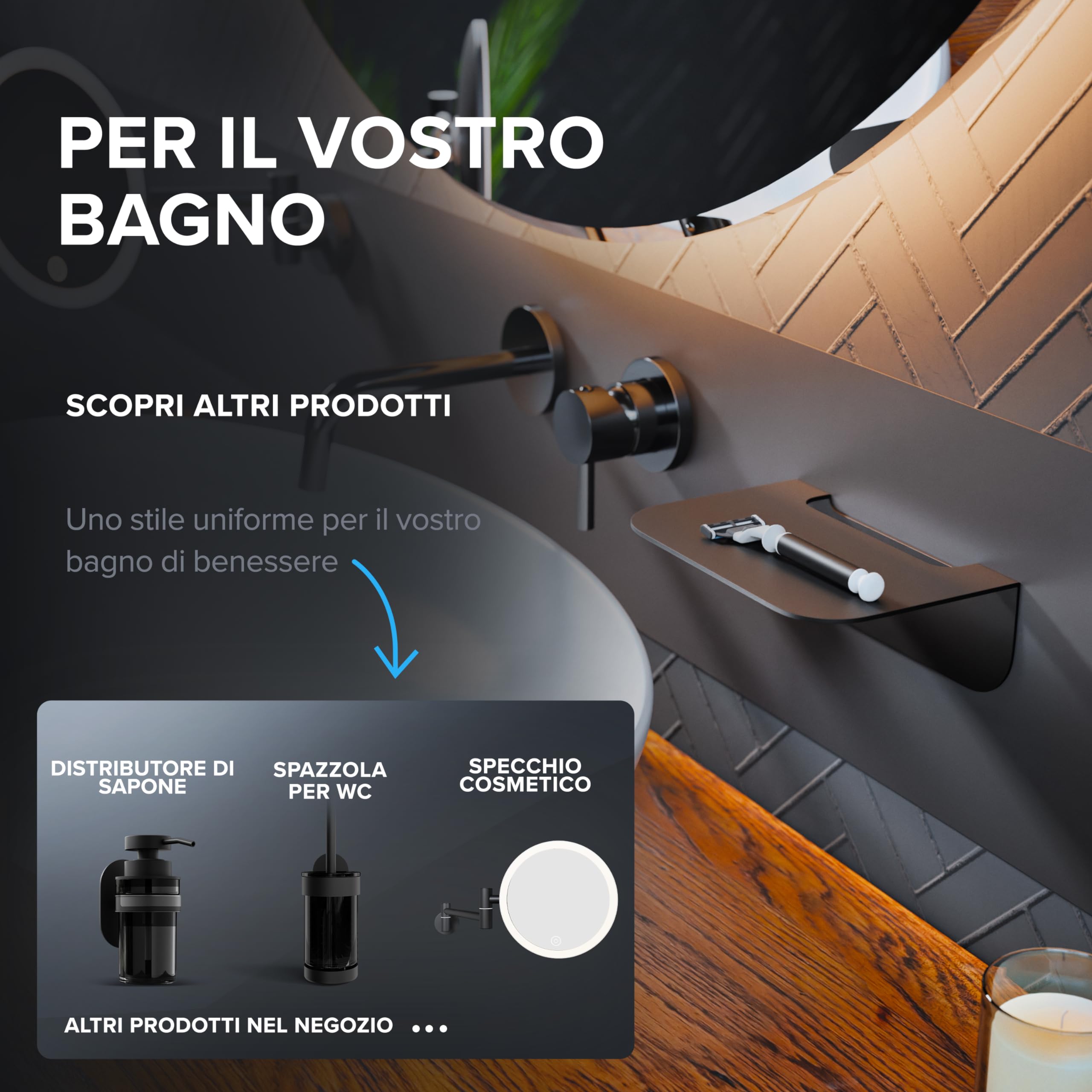 Mensola da bagno in acciaio inox nero opaco senza foratura Ovimar Gimsoya