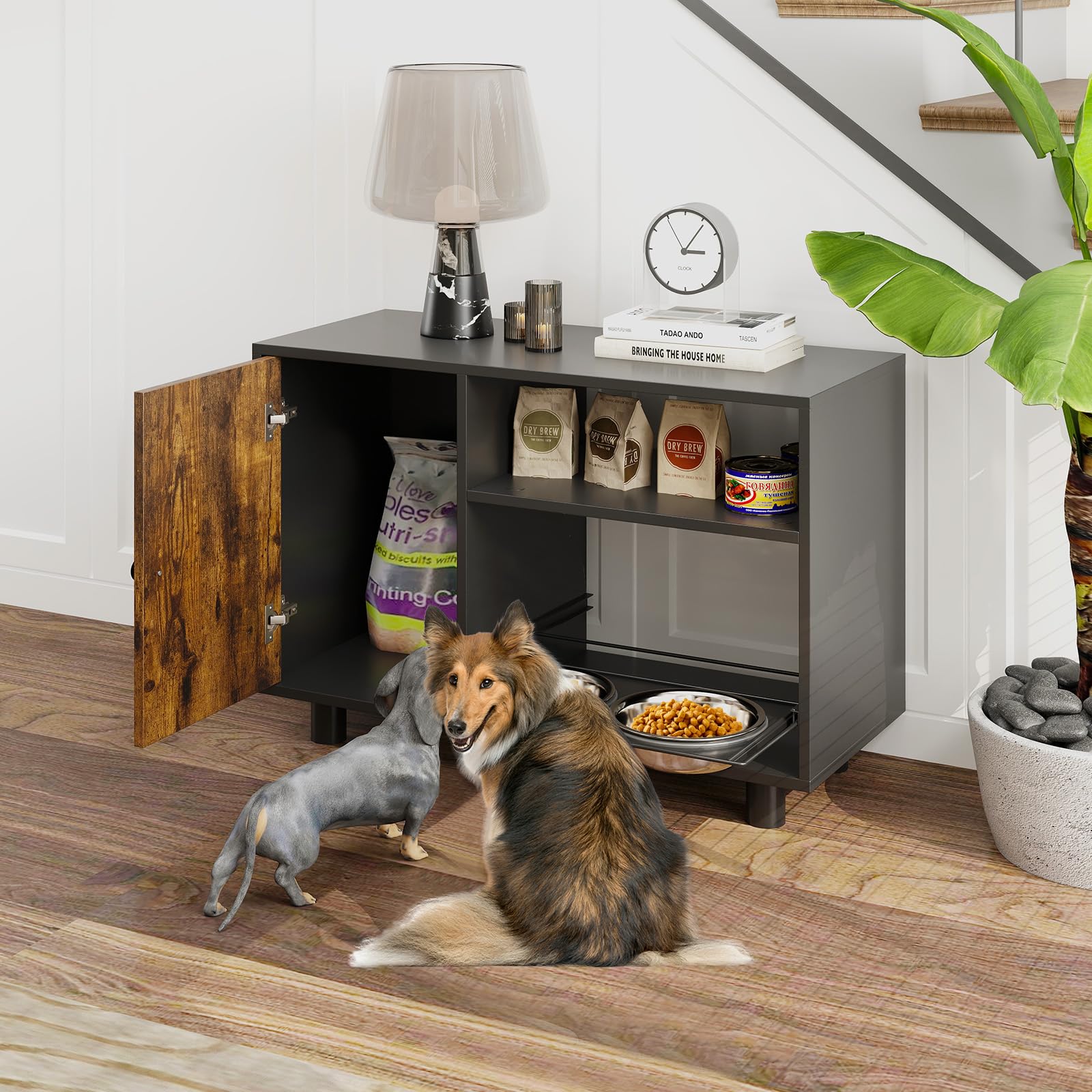 COSTWAY Gabinete de Almacenamiento de Alimentos para Perros, Comedero Perro Elevado con 2 Cuencos Elevados de Acero Inoxidable, Estantes, Estación de Alimentación para Suministros, 82 x 35 x 60 cm