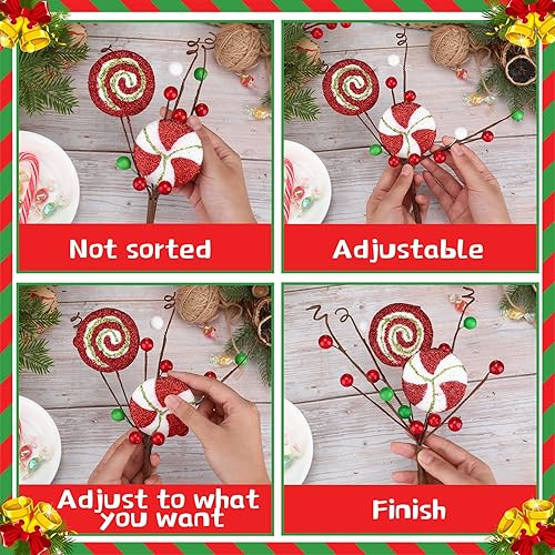 Miniatura 3 de Jutom 12 piezas de palillos para árbol de Navidad, decoración de bastones de caramelo y paletas, decoración de árbol de Navidad, rayas rojas, verdes