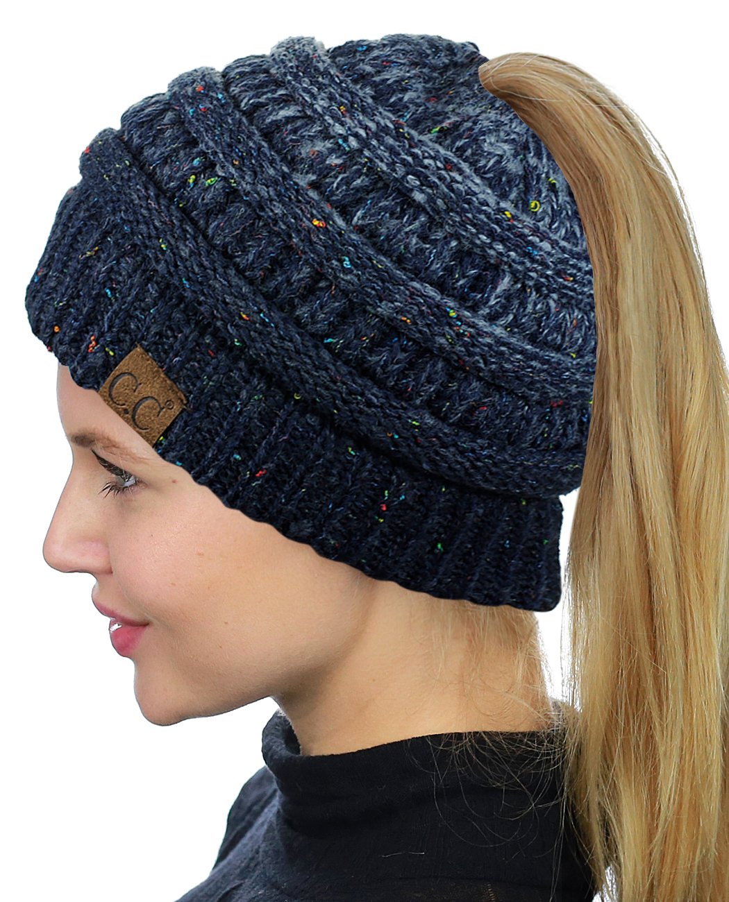 C.C BeanieTail Soft Stretch Cable Knit Messy High Bun Ponytail Beanie Hat