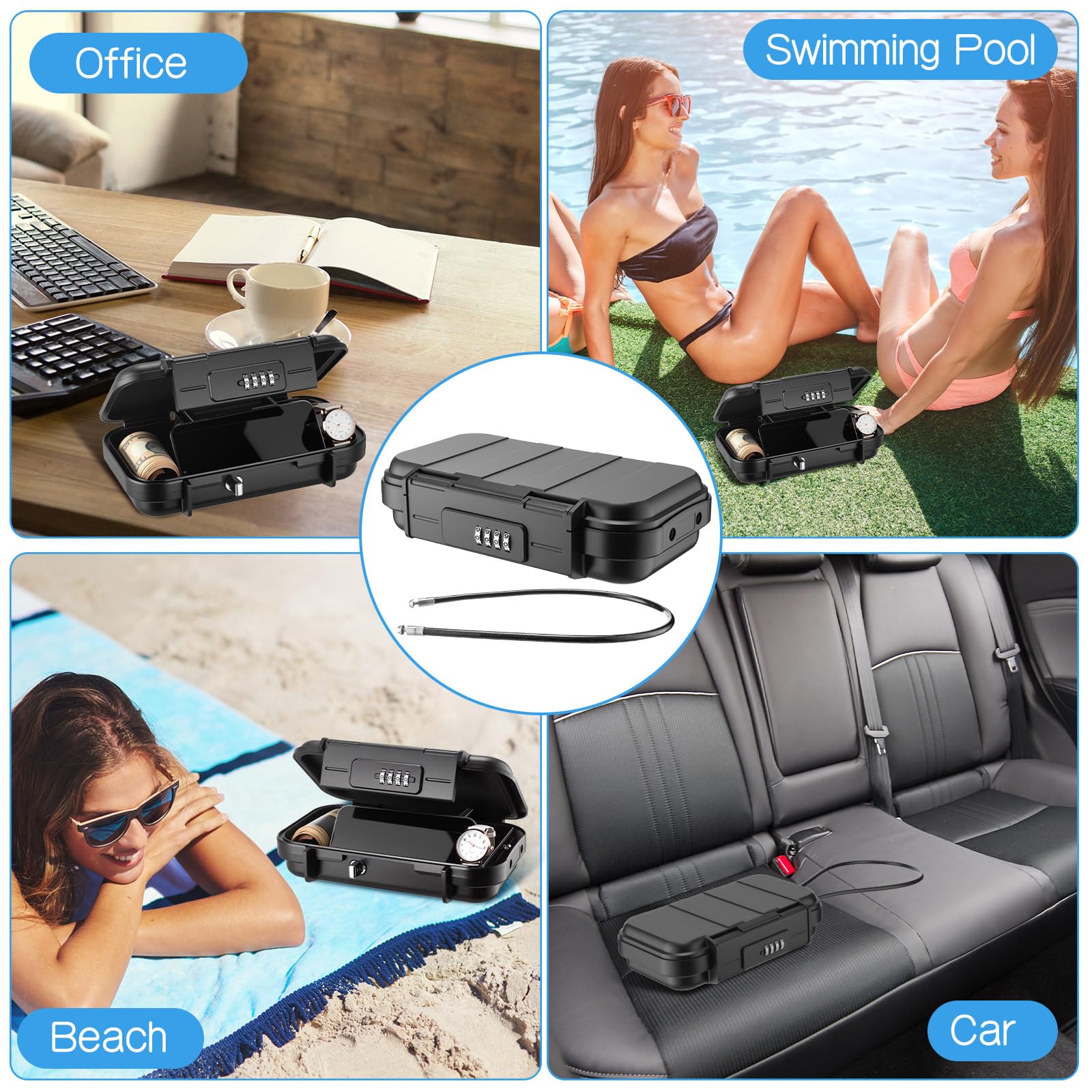 2 Pack Travel Safe Lock Box Portable Safe Lock Box with Combination Mini Beach Waterproof Lockable Box with Removable Wire Rope Combination Box For Family and Outdoor Activities
