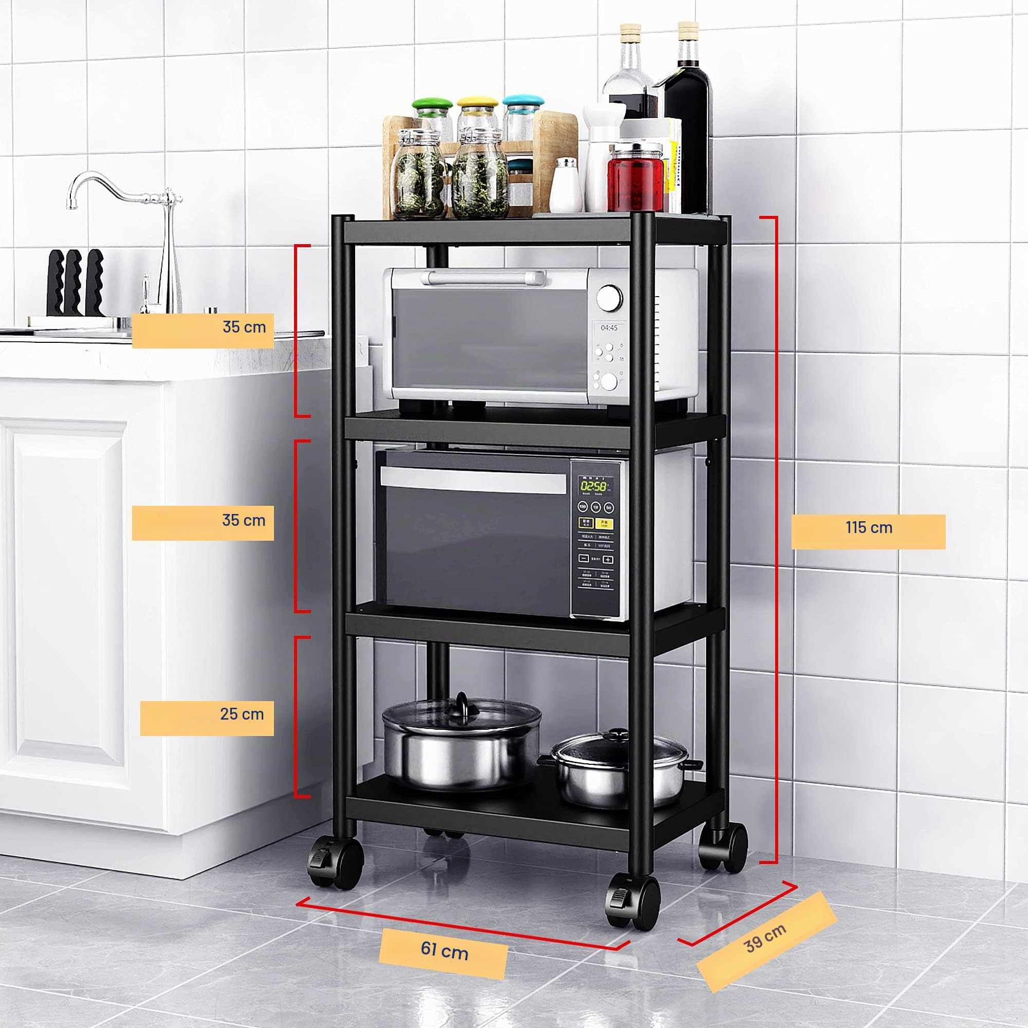 WPT Étagère de Rangement Utilitaire de Cuisine sur roulettes pour Micro-Ondes 4 étages en Acier Inoxydable