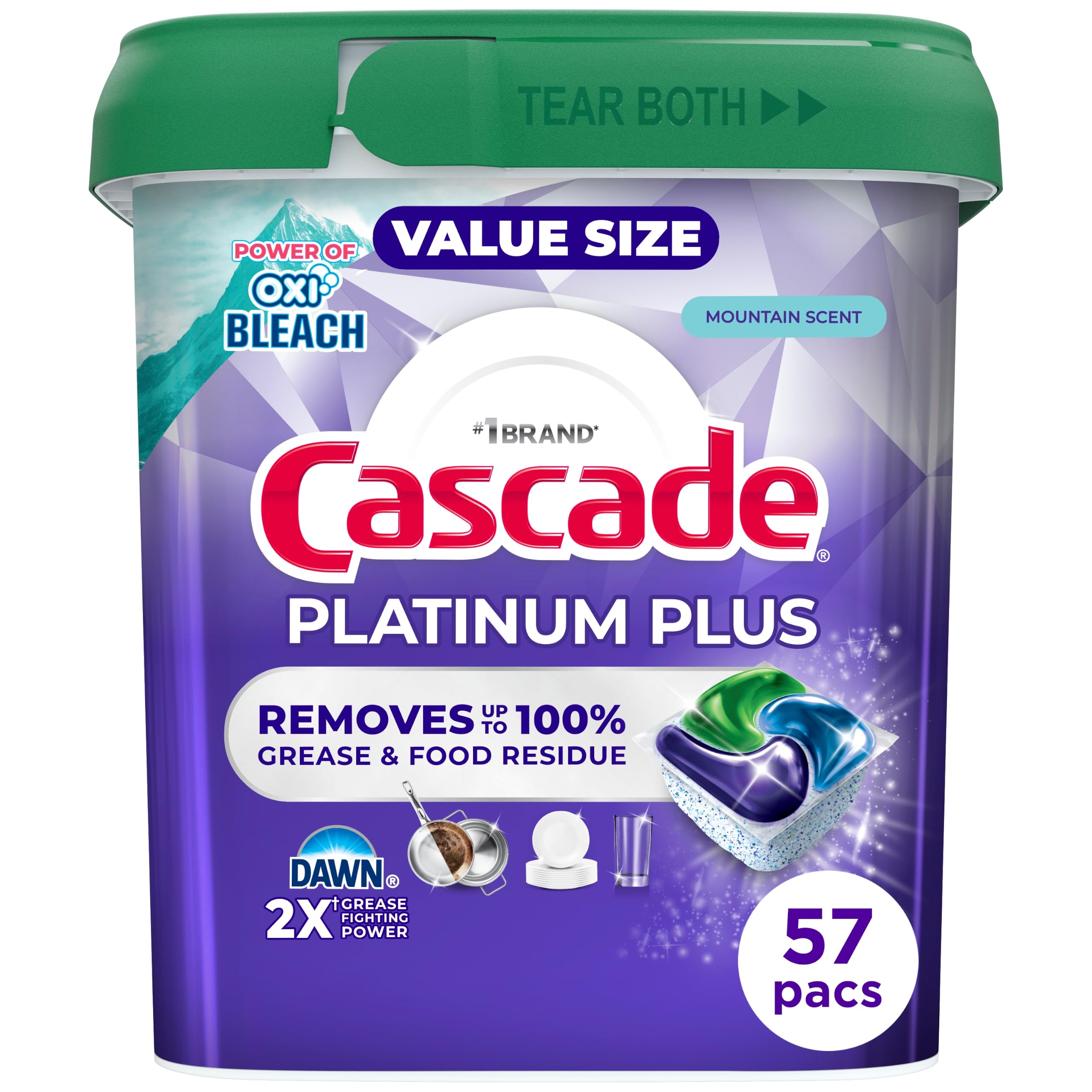 Cascade Platinum Plus Dishwasher Pods, Dishwasher Detergent, Dish Detergent Soap, Mountain, 57 Count