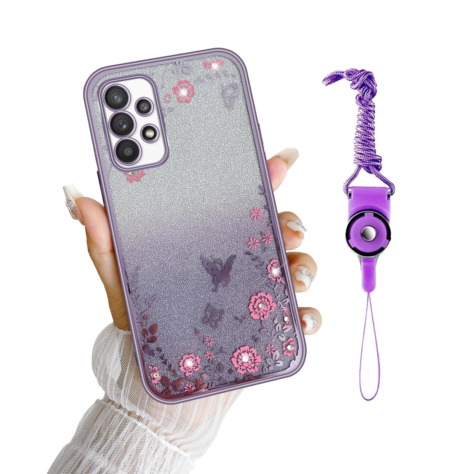 for Samsung Galaxy A53 Case, A53 5G Case for Women Gradual Change Glitter Crystal Soft TPU Stylish Butterfly Floral Heart Clear Protective Cover with Strap for Samsung A53 5g (Purple)