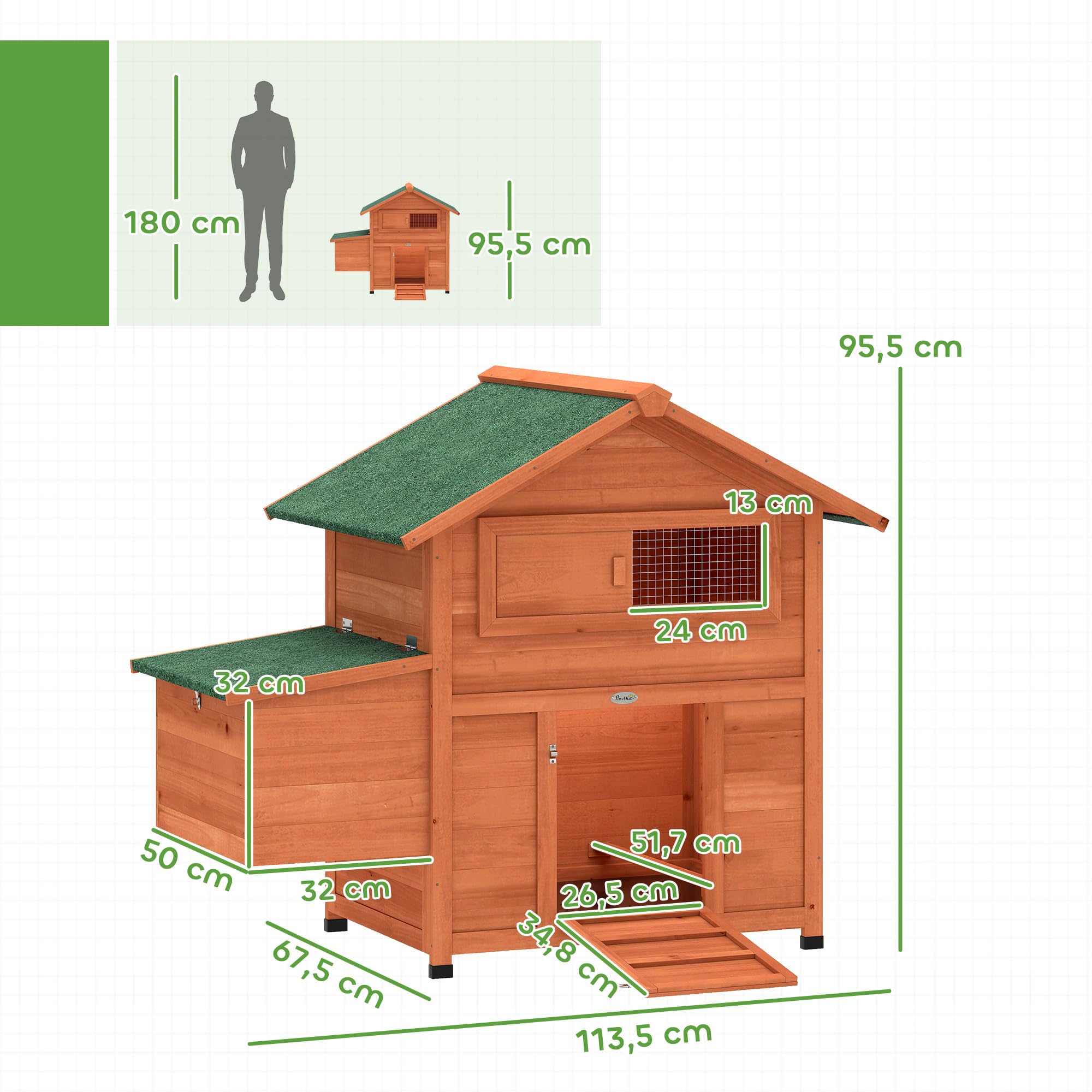 PawHut Gallinero para Exterior de Madera, 113,5x67,5x95,5 cm, para 2 Gallinas, Gallinero con Nido, Bandeja Extraíble, Techo Impermeable, Ventana Deslizante, Rampa, Perchas, Conejera, Naranja
