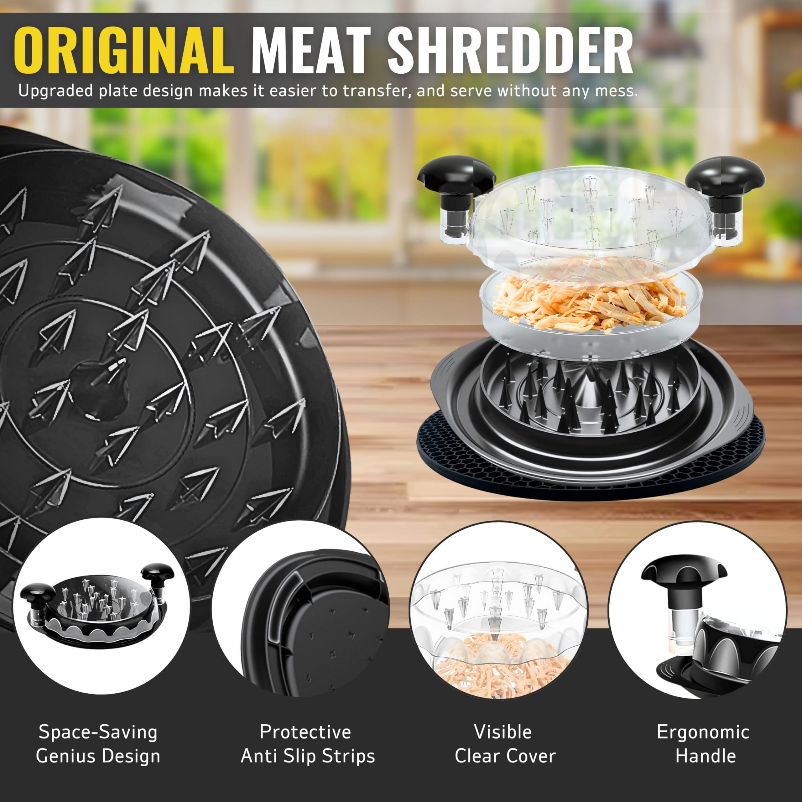 Officer Owl Chicken Shredder Large Chicken Breast Shredder, Manual Meat Shredder for Pulled Pork & Beef | BPA-Free, Removable Plate, Anti-Slip Strips, Non-Slip Silicone Mat & Cleaning Brush.