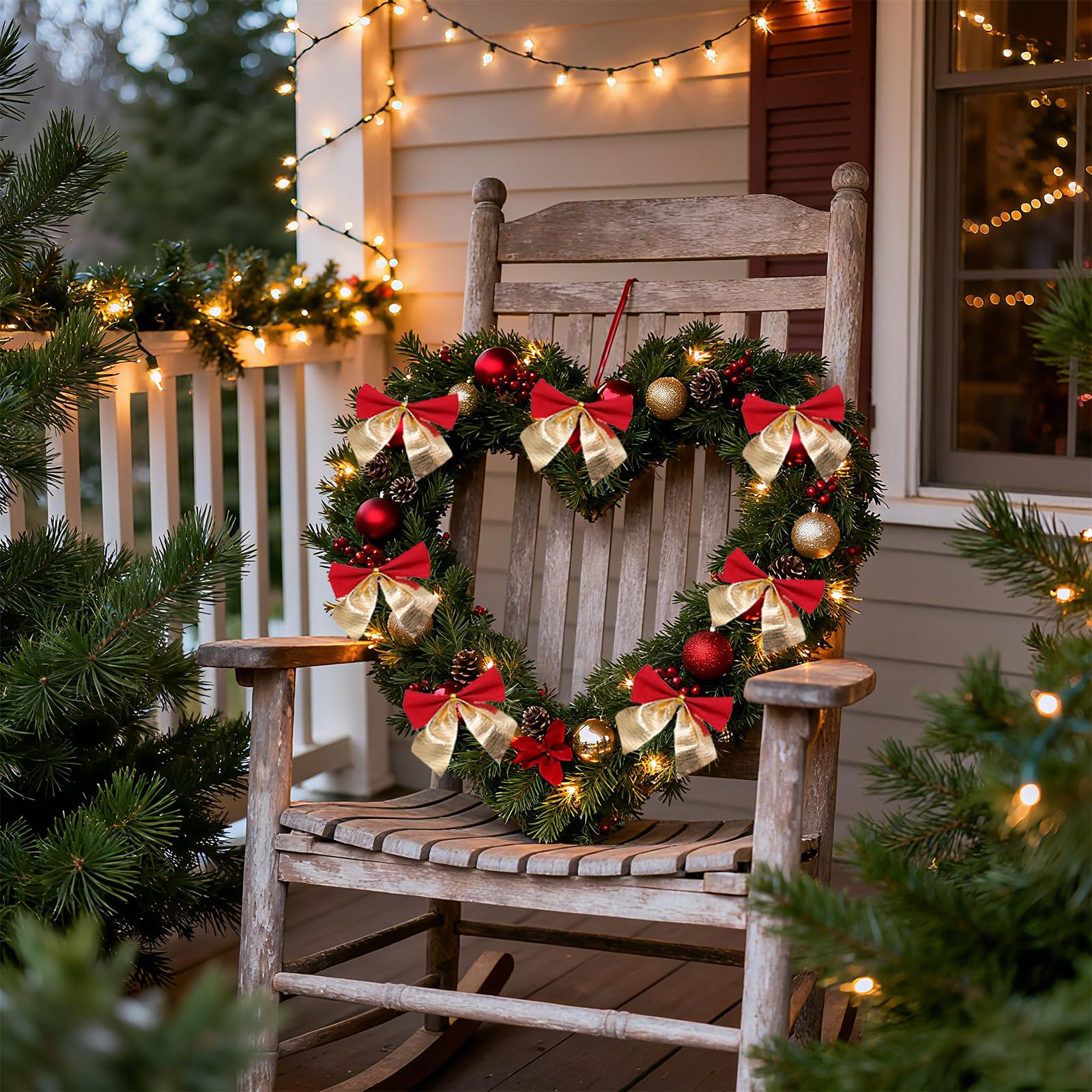 15 m lange Weihnachtsgirlande mit 45 Weihnachtsschleifen, 45 Weihnachtskugeln, Dekoration, künstliche Kieferngirlande für den Innen- und Außenbereich, Haus, Garten, Urlaub, Hochzeit, Party