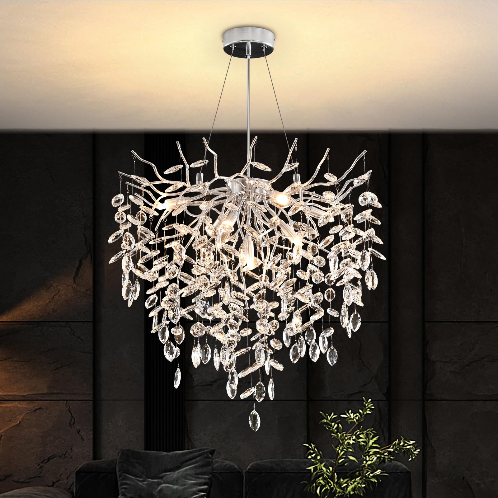 Lusso Lampadario di Cristallo, Argento Lampada a Sospensione di Cristallo a Forma di Ramo d'albero, Lampadario al Cristallo Luce per Sala da Pranzo, Soggiorno, Camera da Letto