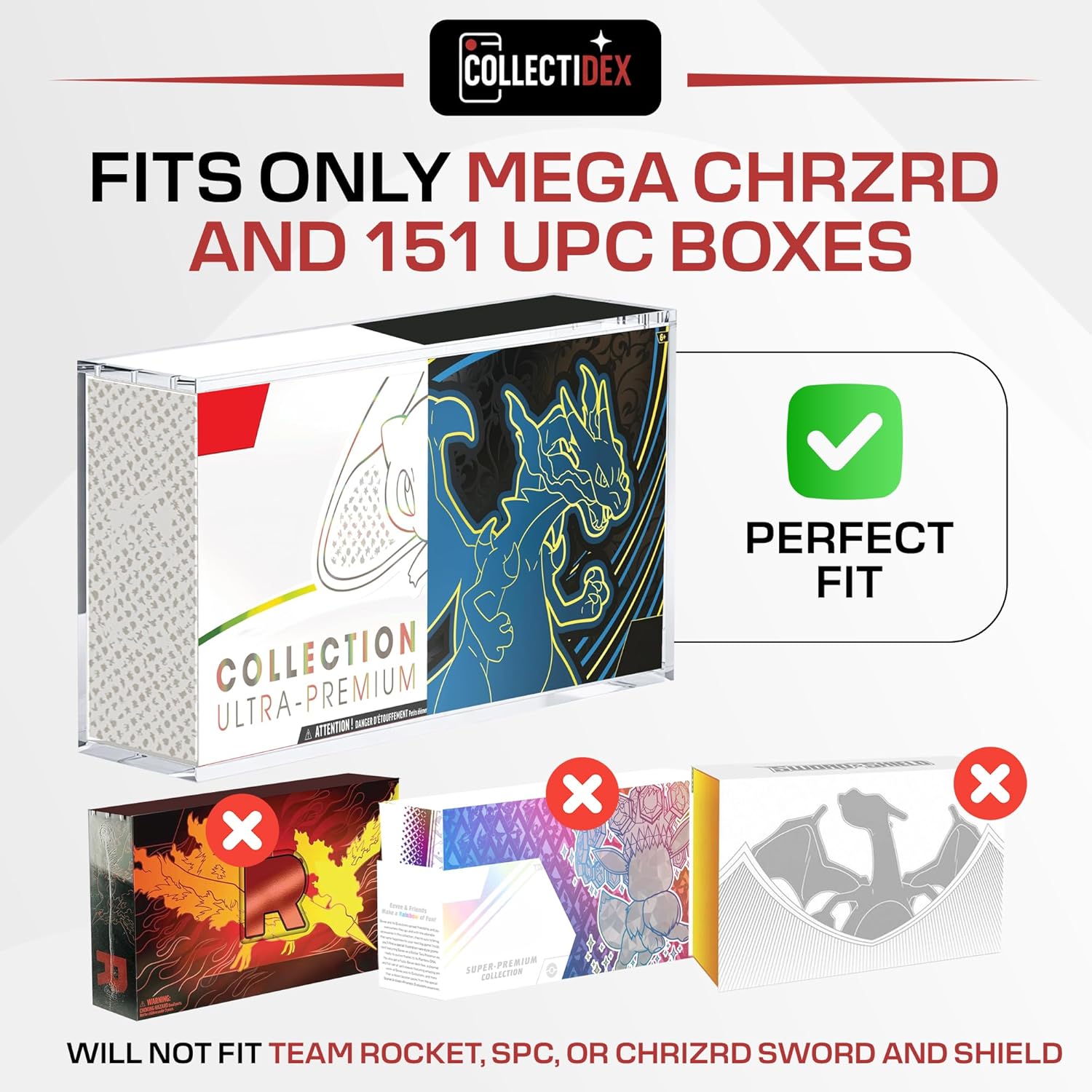 Acrylic Display Case for 151 UPC and Mega CHARZRD X ex Ultra-Premium Collection UPC - Magnetic Lid 8+5mm Acrylic - Compatible with Mega Charzrd X ex UPC and 151 UPC