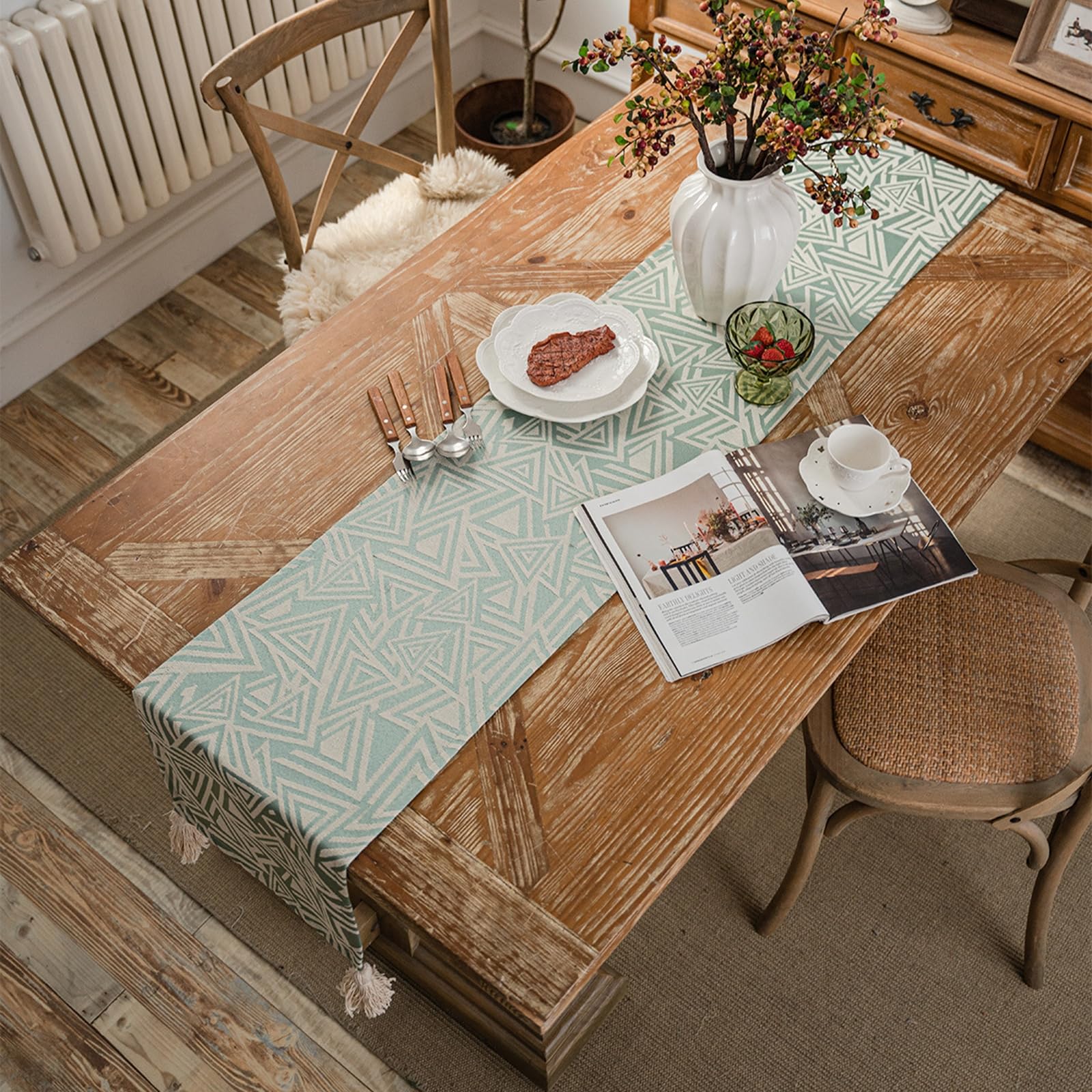 Runner da Tavolo Poliestere Cotone 33x350 cm, Runner da Tavola Moderno Lavabile Motivo Triangolo Jacquard con Nappe Decorazioni per Tavolino da Compleanni Matrimoni, Verde