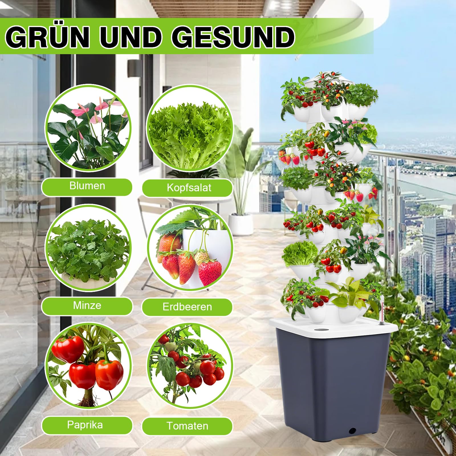 Hydroponik-Turm 45 Pflanzstellen – Hydrokultur-System Mit Pumpe & Timer, 115 Cm Hoch, 20L Tank