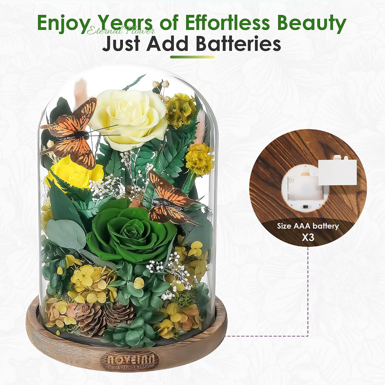 NOVEINN Preserved Flowers in Glass Dome - Eternal Rose Arrangement with Real Preserved Plants, Romantic Forever Rose Gift for Women - Anniversary, Birthday, Mother’s Day, Home Decor(Yellow)