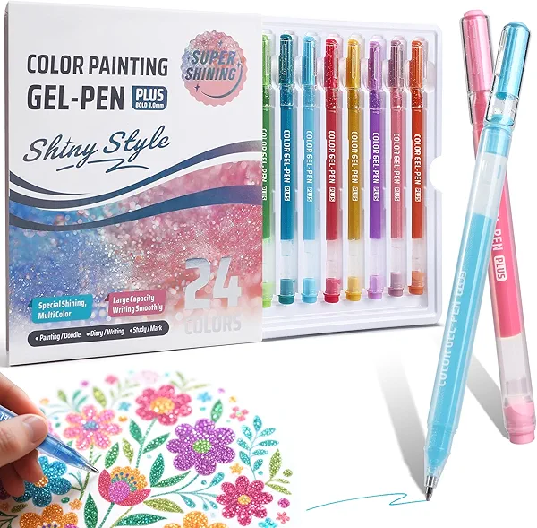 Glitter Gel Pens, 1.0mm Fine Tip Large Capacity Colored Drawing Pens Sparkle Paint Pen for Kids Adults DIY Craft Making, Coloring, Doodling, Scrapbooking Supplies (Style A, 24)
