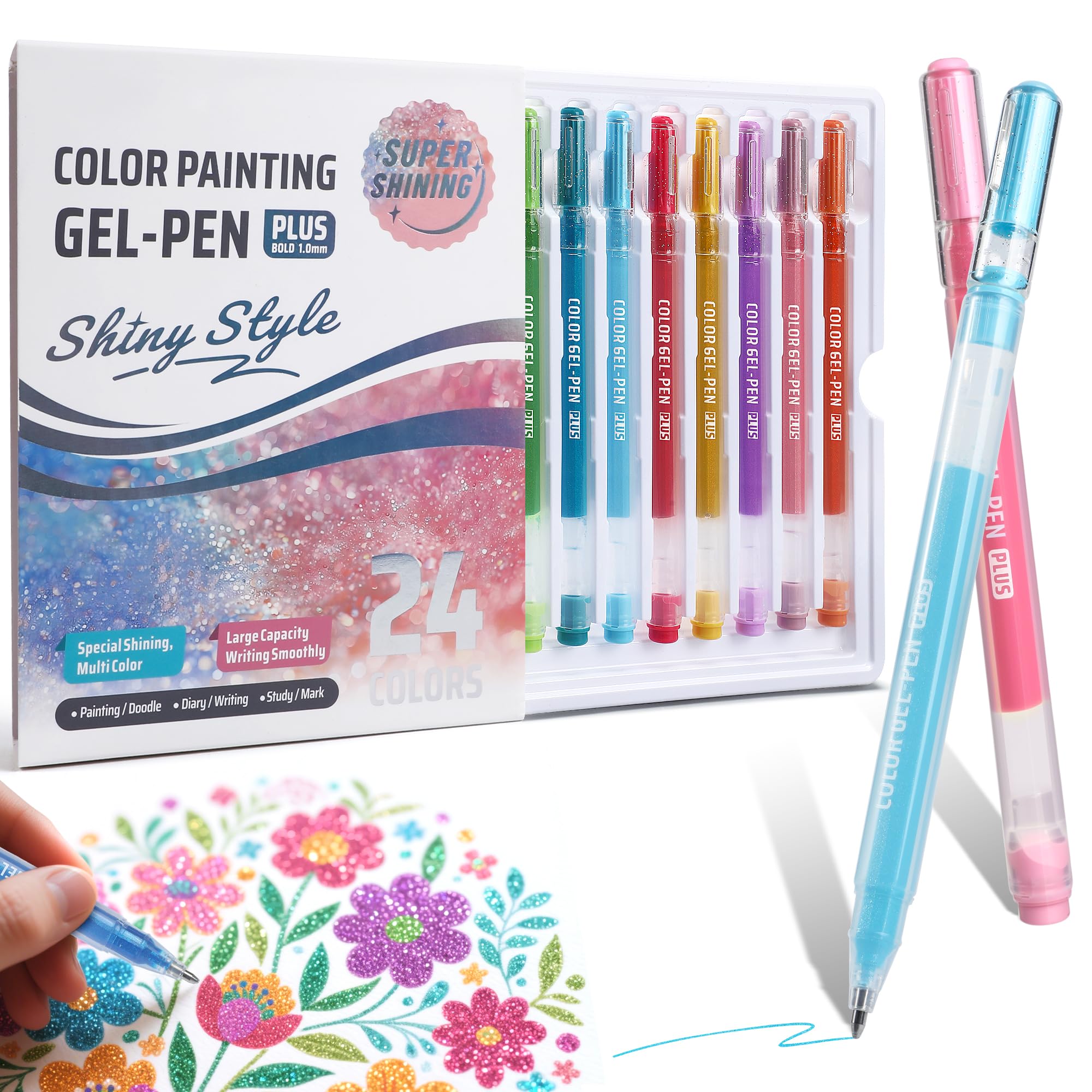 miikoul 24 Colors Glitter Gel Pens, 1.0mm Fine Tip Large Capacity Colored Drawing Pens Sparkle Paint Pen for Kids Adults DIY Craft Making, Coloring, Doodling, Scrapbooking Supplies