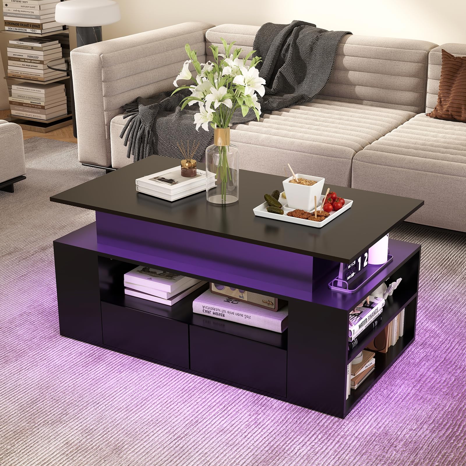 YU YUSING Couchtisch Höhenverstellbar mit Stauraum und LED, Wohnzimmertisch mit Verstecktem Fach und 2 Schubladen, Beistelltisch Umwandelbar in Esstisch, 90x50cm Sofatisch für Wohnzimmer, Schwarz