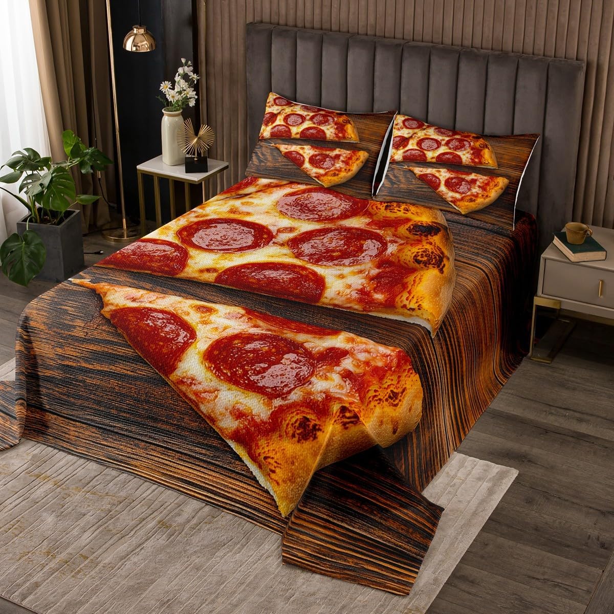 Erosebridal Pepperoni Pizza Bedspread Set Twin for Kids Adults,Sausage Pizza Quilt Set for Boys Girls Room Decor,Fast Food Themed Coverlet Set Realistic Funny Food Bedding Set